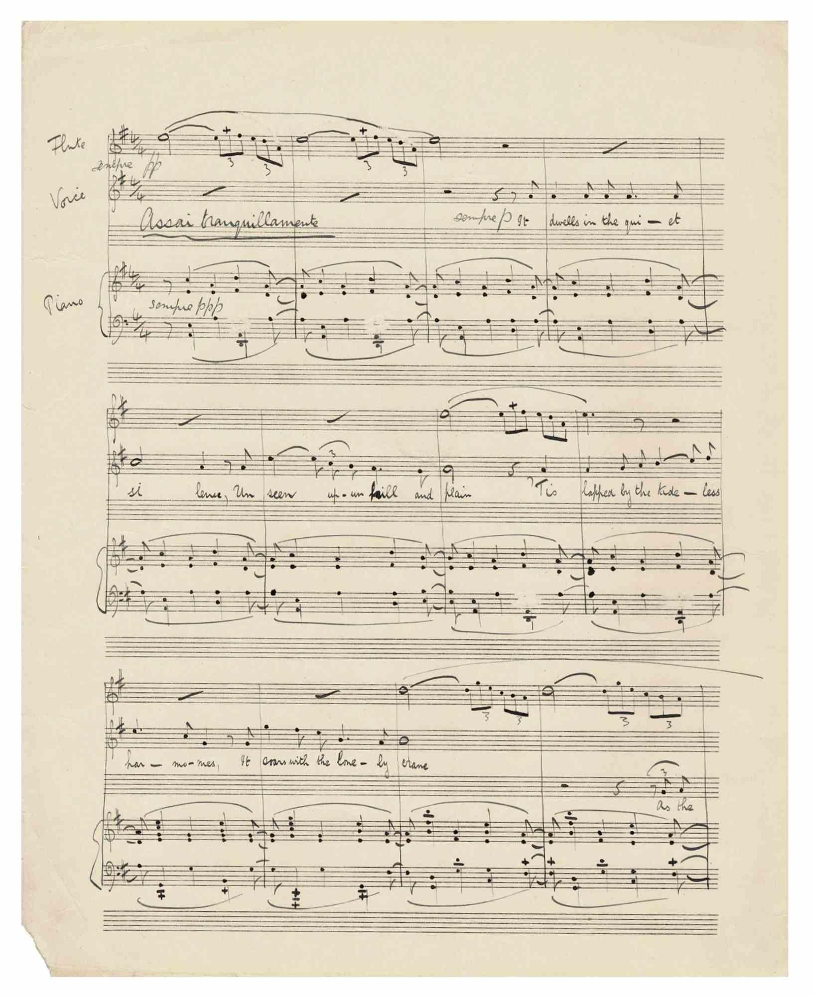 Autograph Music Score by the composer Fredrick Cramer titled "Tranquil Repose" from 1924. Song for High Voice, Pianoforte and Flute. Words rendered from the Chinese original Ssu-Kung-tu by L. Cranmer Byng [1872-1945] (...). Voice and Flure parts