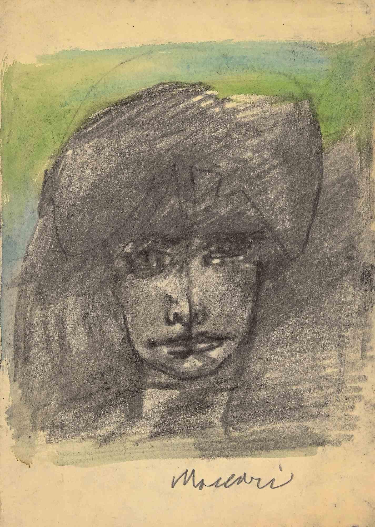 Portrait - Watercolor and Charcoal by Mino Maccari - Mid-20th Century