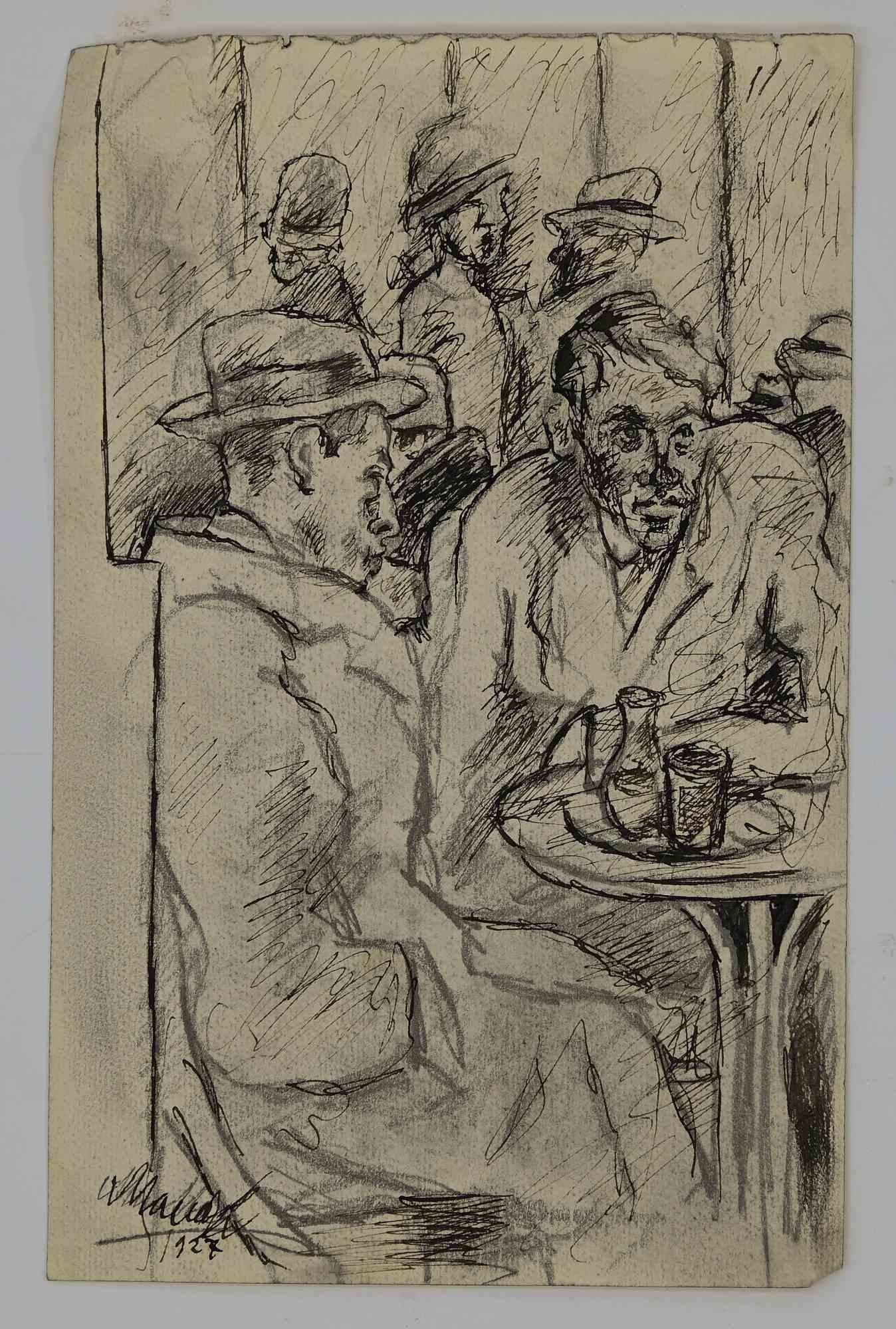 Im Café - Bleistift von Mino Maccari - Mitte des 20. Jahrhunderts