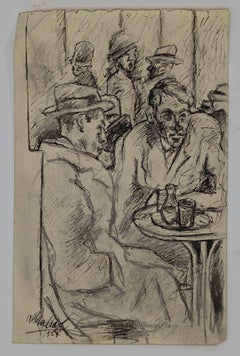 At the Café - Original Pencil by Mino Maccari - Mid 20th Century