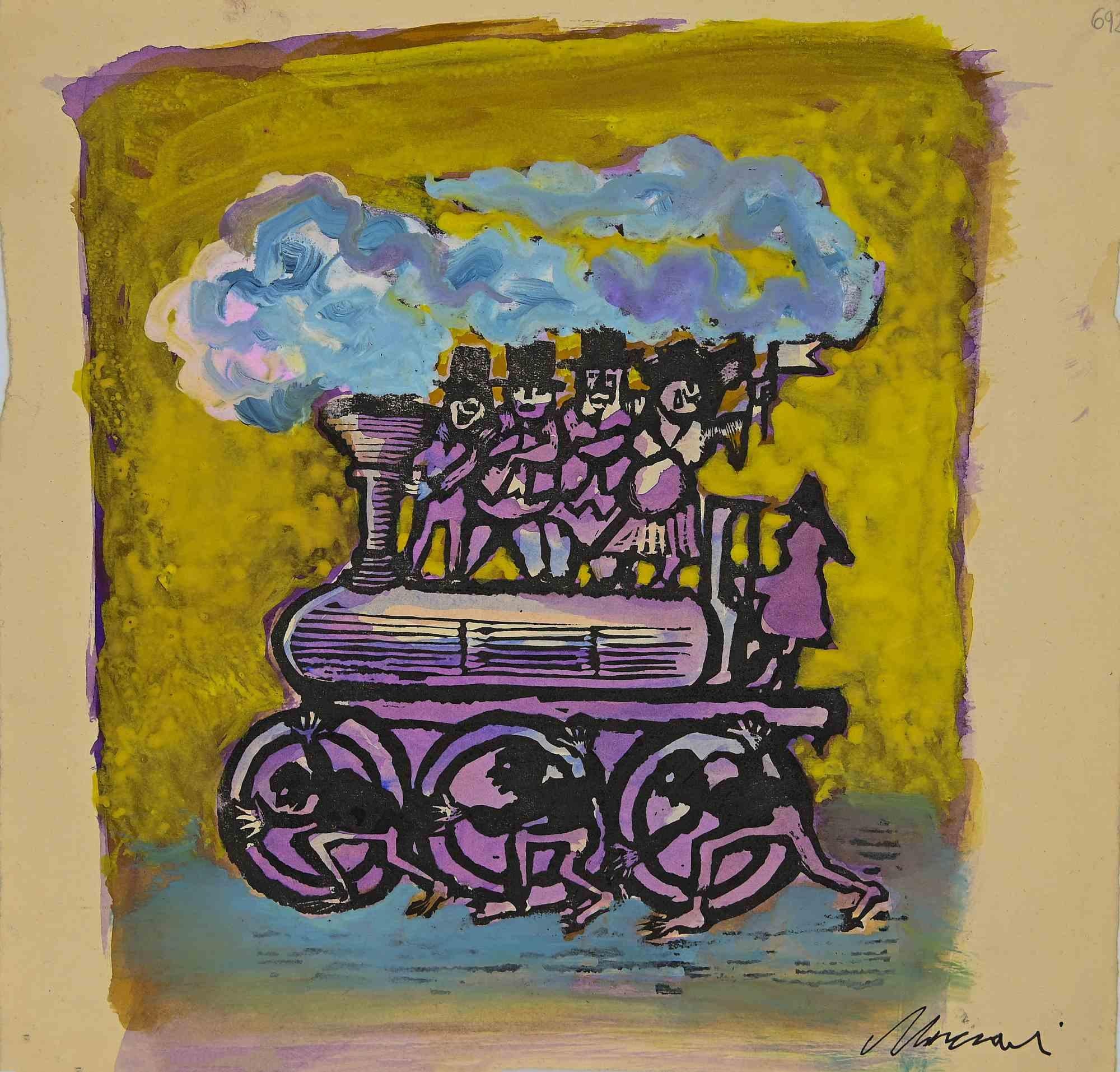 Happy Train –  Aquarell- und Temperamalerei von Mino Maccari – Mitte des 20. Jahrhunderts