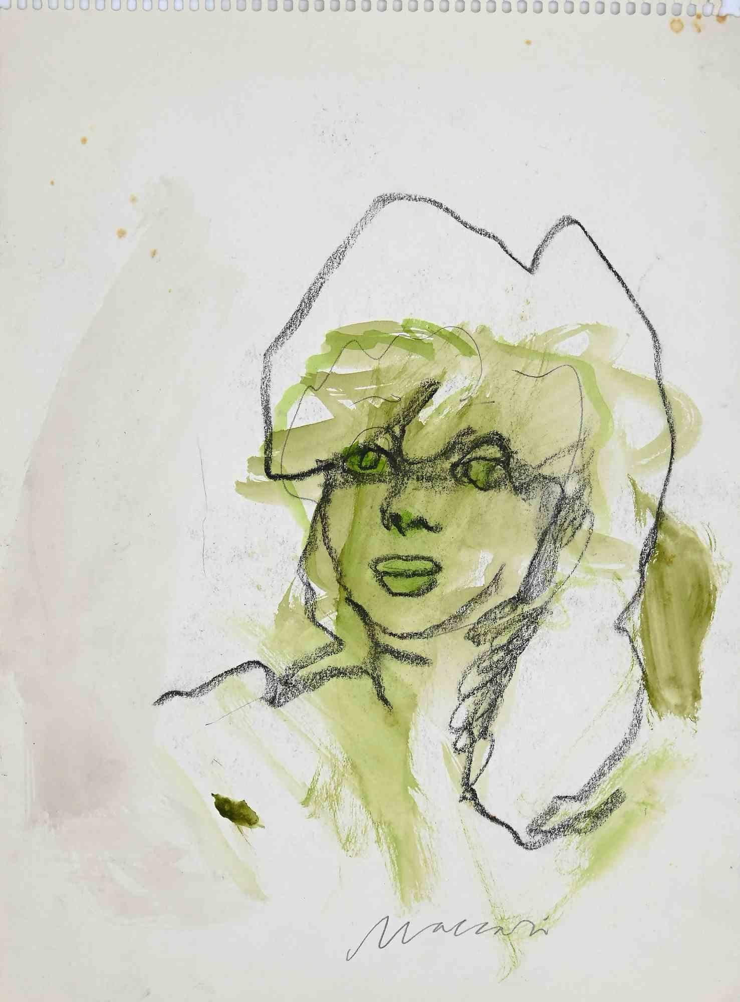 Portrait est une œuvre originale au fusain et à l'aquarelle réalisée par Mino Maccari au milieu du 20e siècle.

Bon état à l'exception d'une marge piquée sur le papier blanc.

Signé à la main par l'artiste au crayon.

Mino Maccari (1898-1989) était