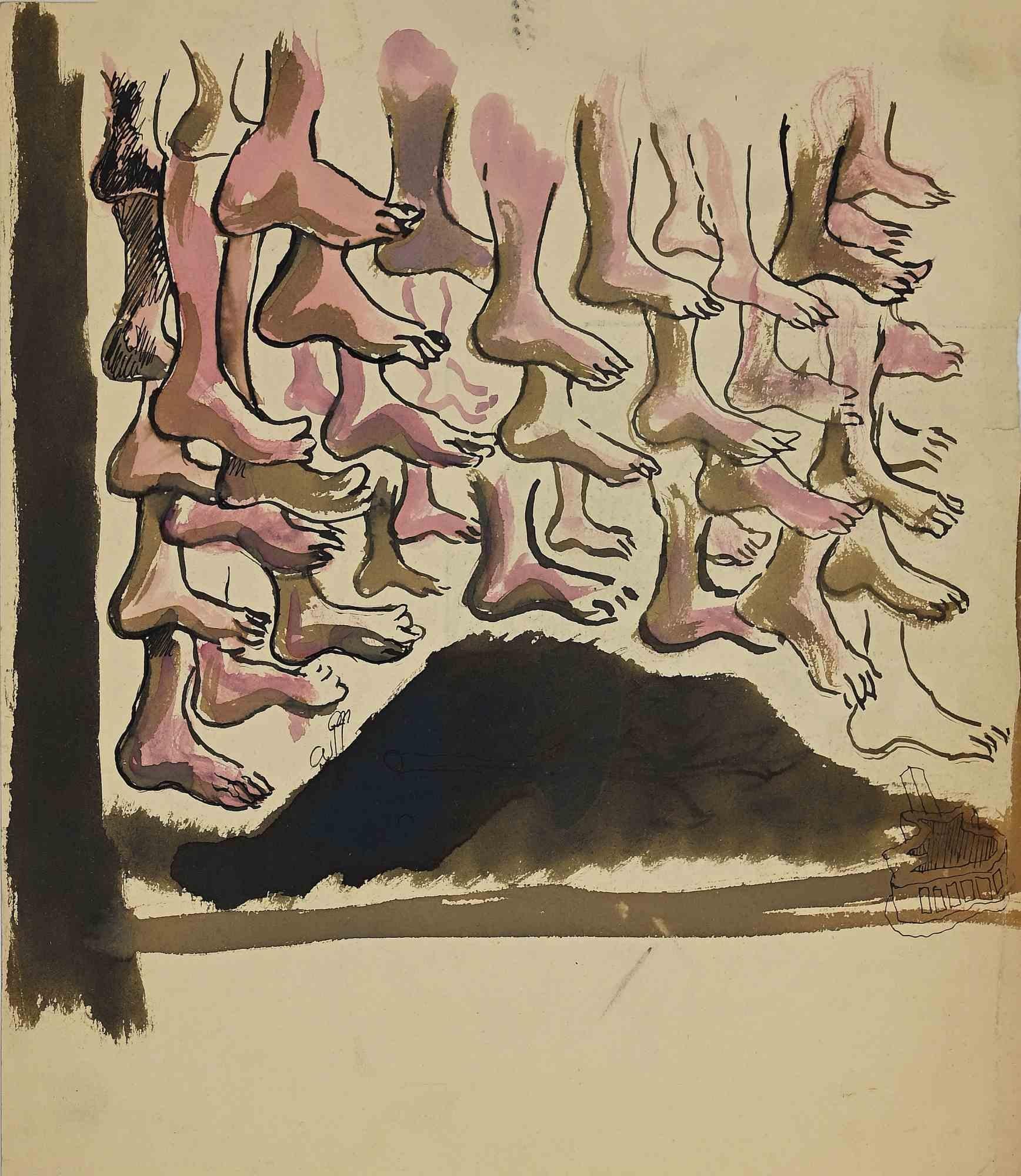 Feet ist ein originales Tusche- und Aquarellbild von Mino Maccari aus der Mitte des 20. Jahrhunderts.

Guter Zustand bis auf einen eingerissenen Rand auf dem farbigen Cremepapier.

Handsigniert vom Künstler mit Bleistift auf der Rückseite unter