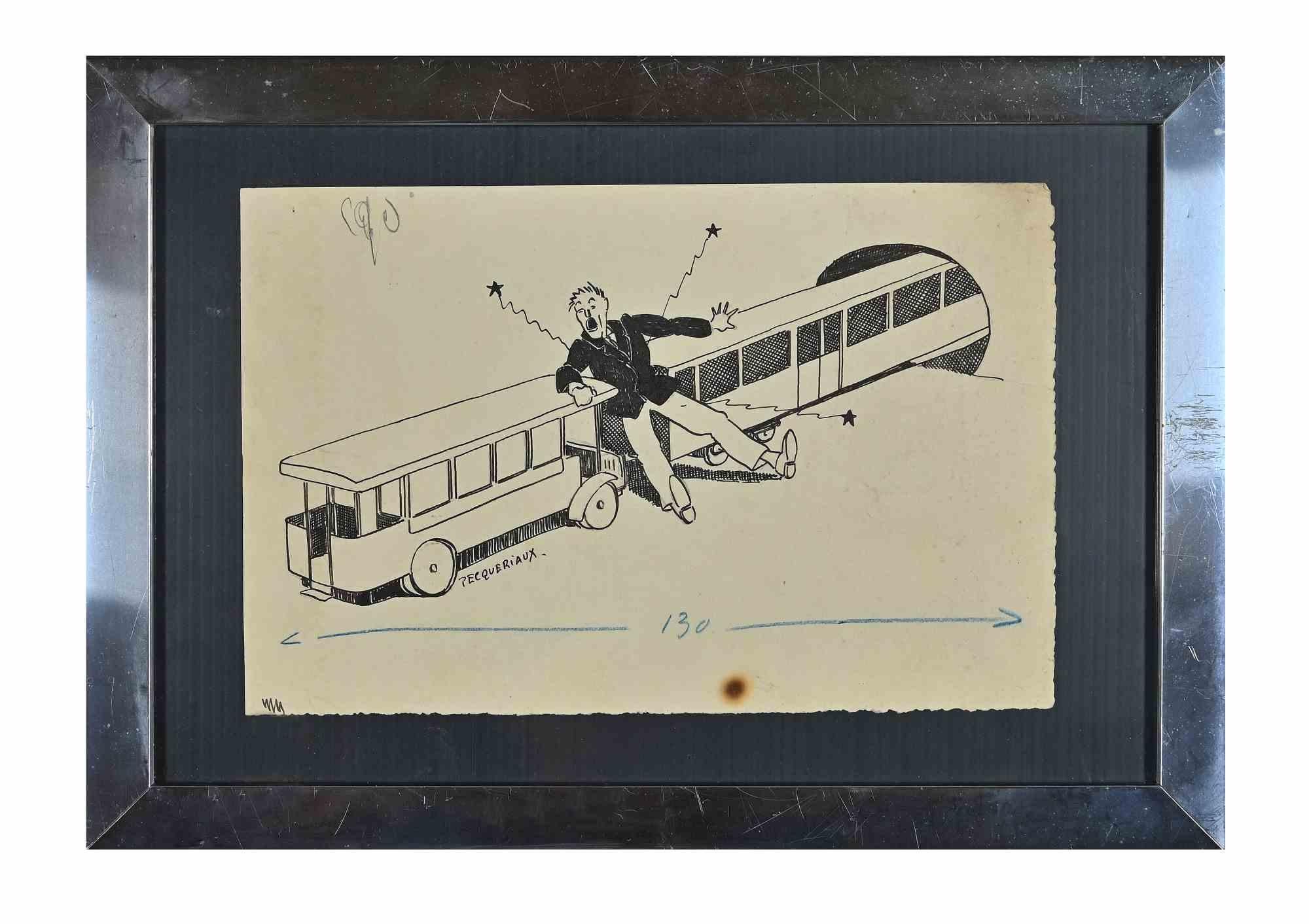 The Train - Original China-Tinte von Henri-Paul Pecquieraux - Anfang des 20. Jahrhunderts