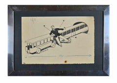 The Train - Original China Ink by Henri-Paul Pecquieraux - Early 20th Century