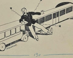 The Train - Original China Ink by Henri-Paul Pecquieraux - Early 20th Century