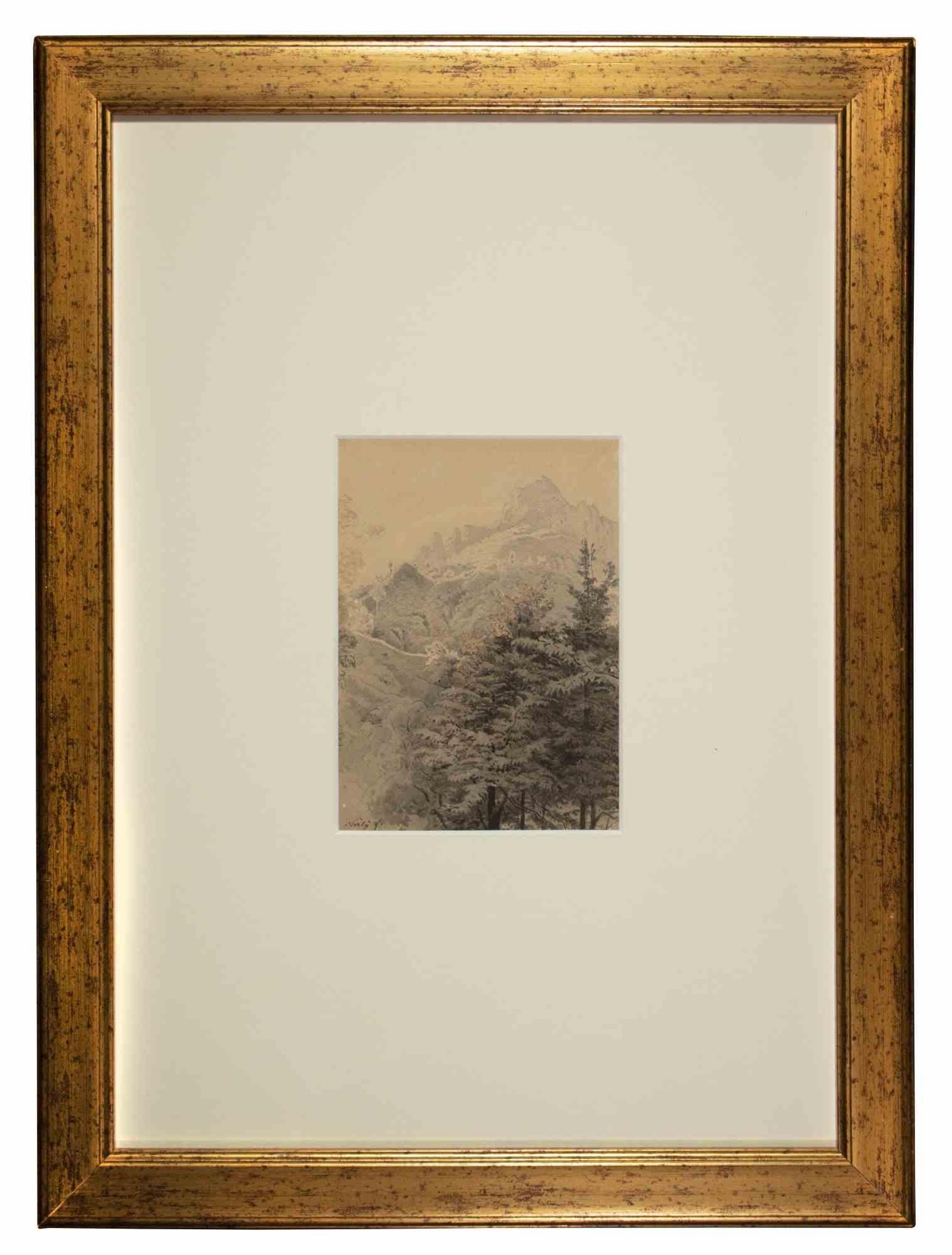 Mountains - Original Drawing by Friedrich Paul Nerly - 19th Century - Art by Friedrick Paul Nerly