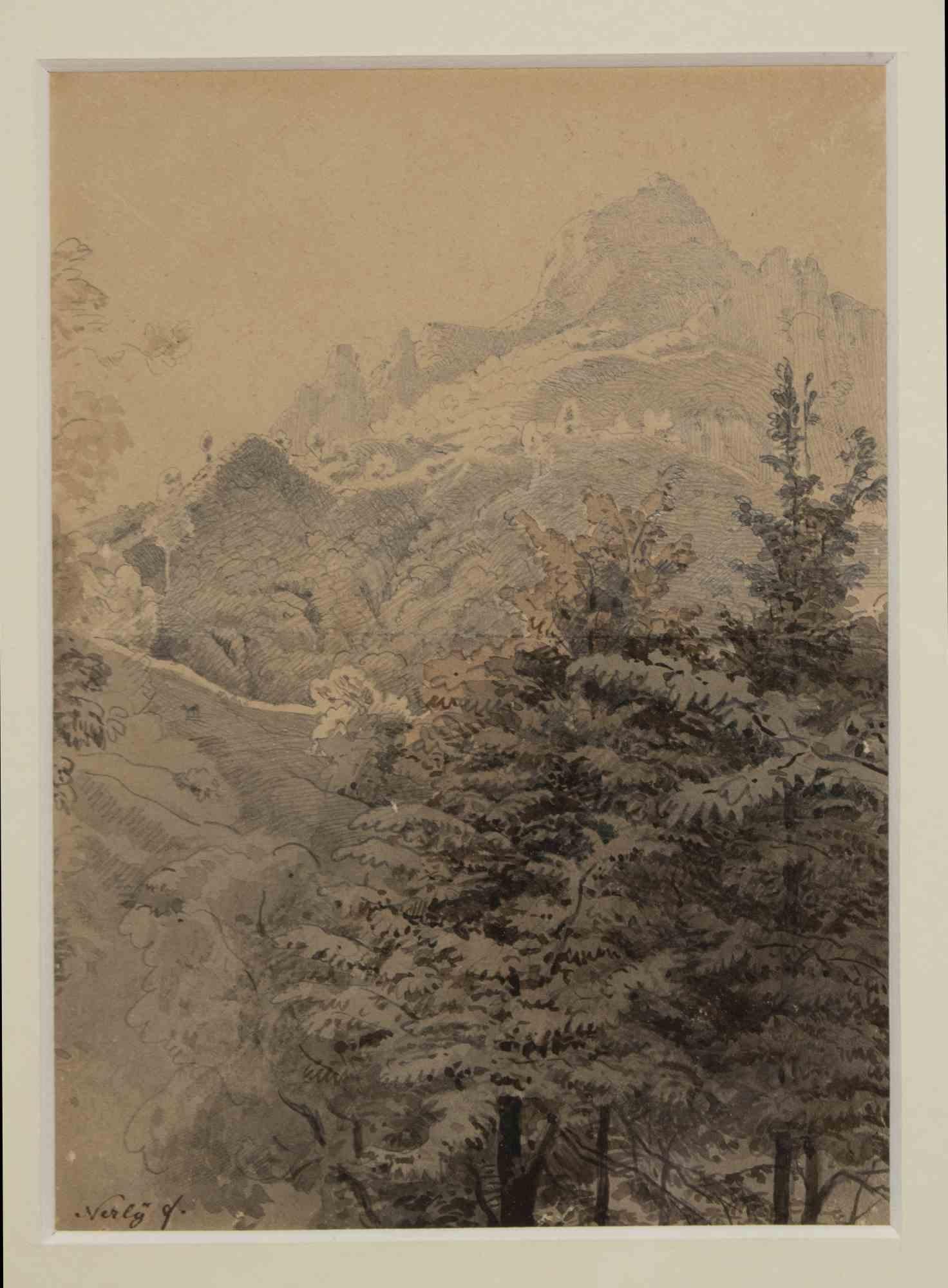 Friedrick Paul Nerly Figurative Art - Mountains - Original Drawing by Friedrich Paul Nerly - 19th Century