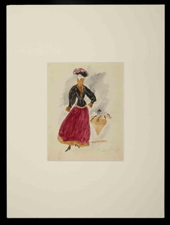 Vintage Girl - Original Watercolor by Maurice Van Moppes - Mid-20th Century