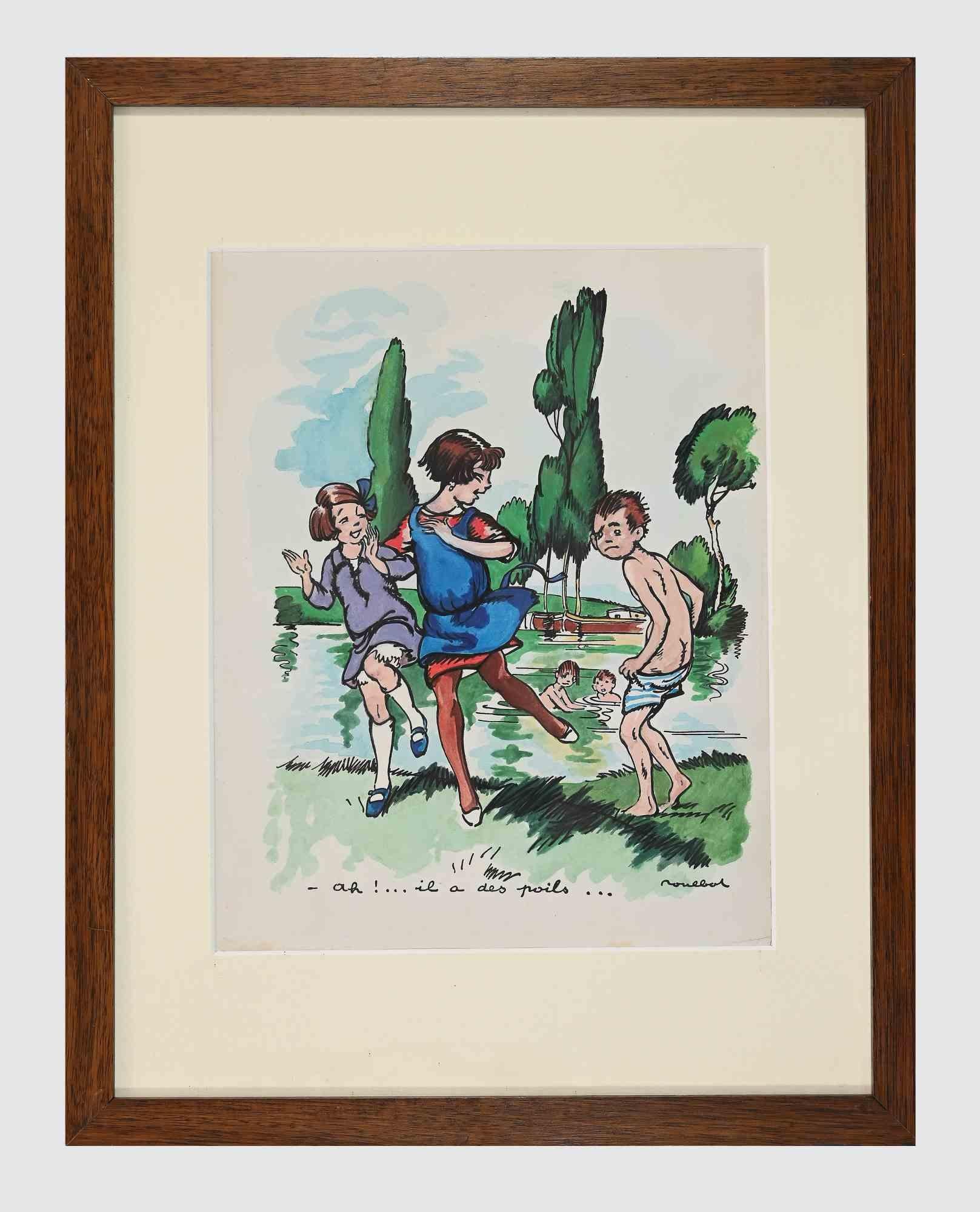 Unknown Figurative Art - Children Games - Drawing - Late 20th Century