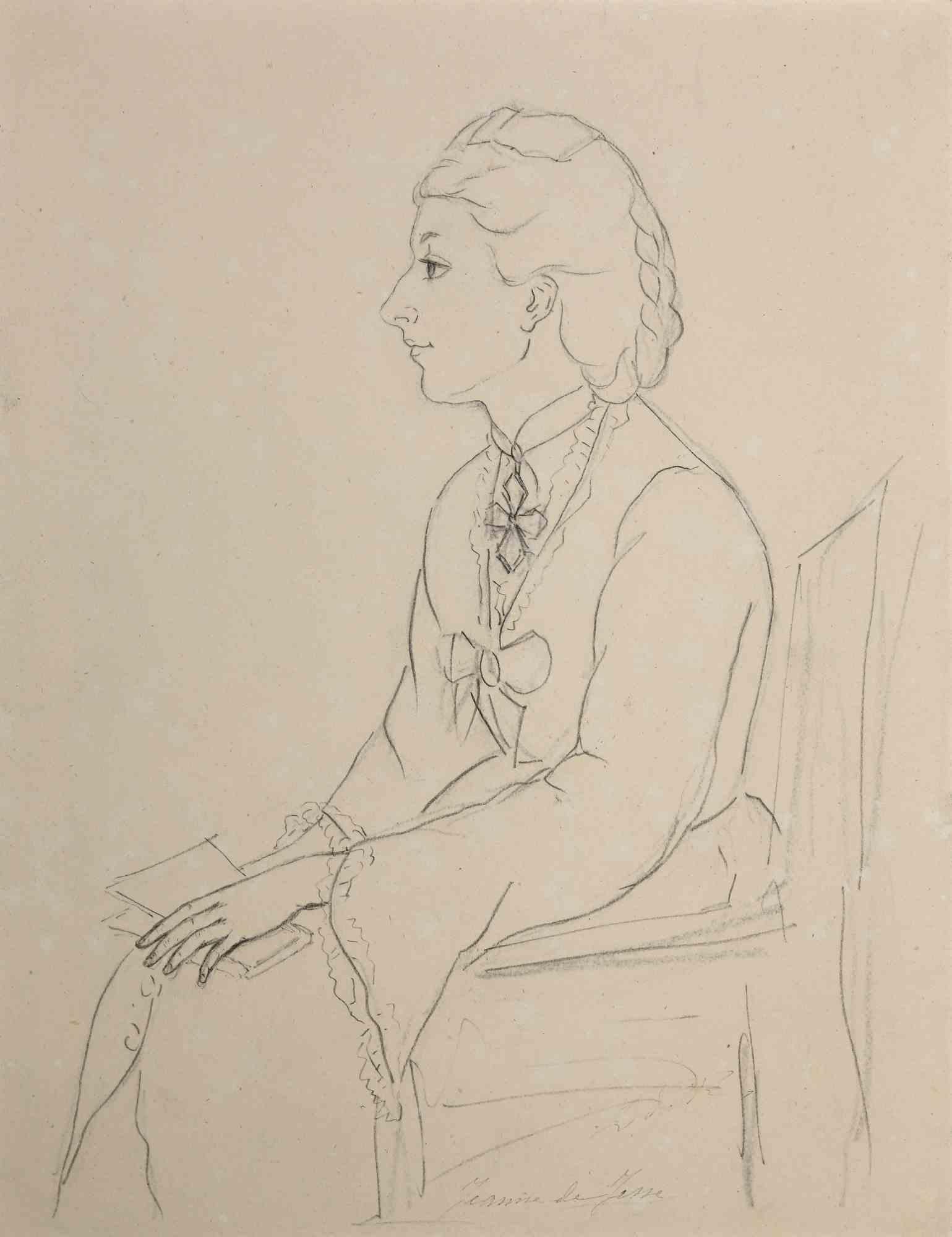 Das Porträt einer Frau ist eine Original-Bleistiftzeichnung auf Papier von Jeanne de Jesse aus dem frühen 20. Jahrhundert.

Gute Bedingungen.

Rechts unten handsigniert.

Das Kunstwerk stellt eine sitzende Frau dar. Das Kunstwerk wird mit kräftigen