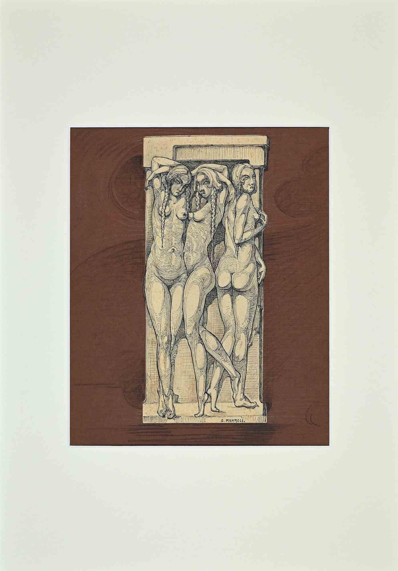 Cariátides - Dibujo original de G. Mammoli - Principios del siglo XX