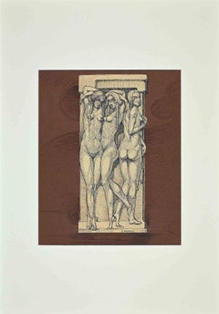 Caryatids - Original Drawing by G. Mammoli - Early 20th Century