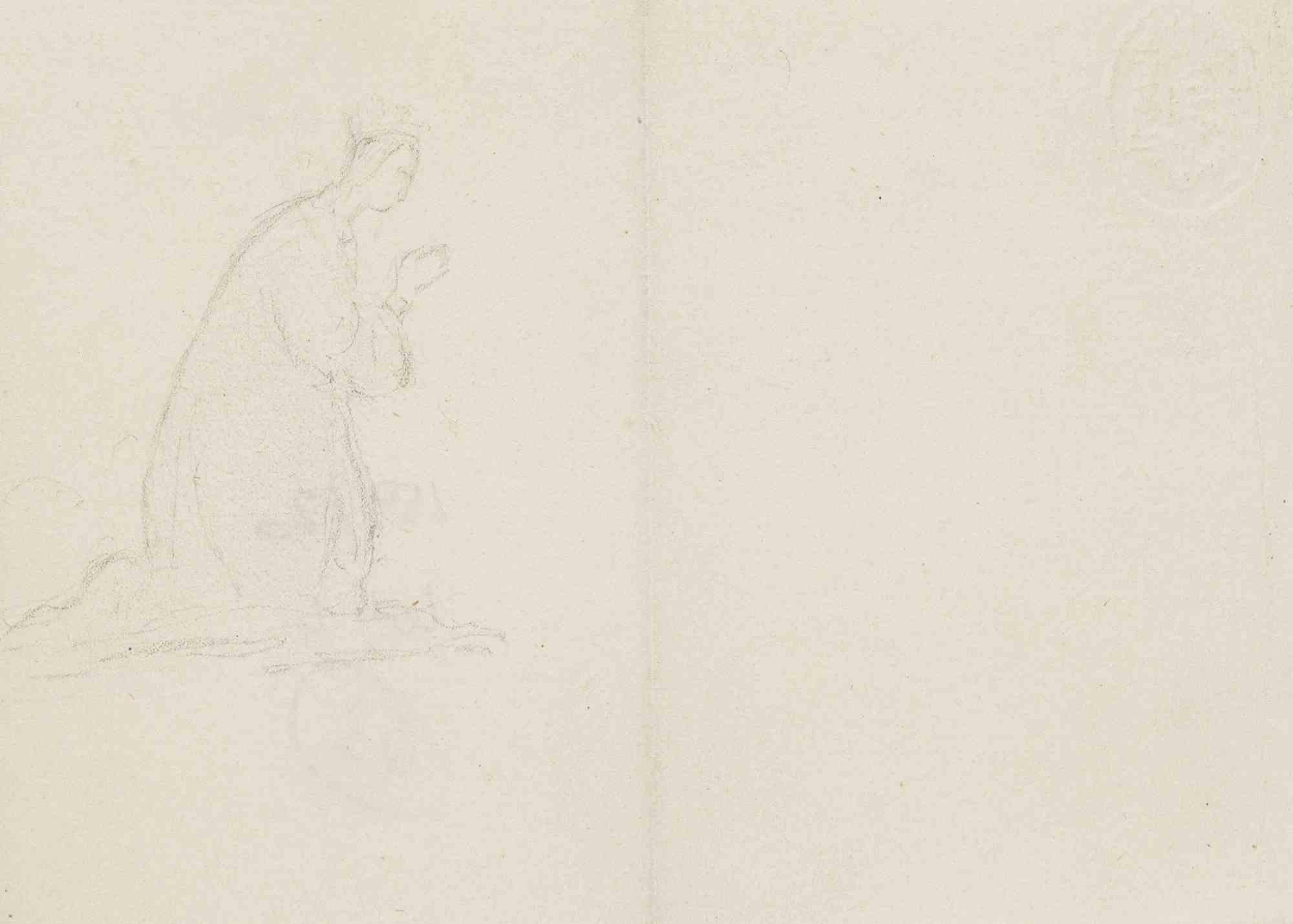Unknown Figurative Art - Praying - Original Drawing - Early 20th Century