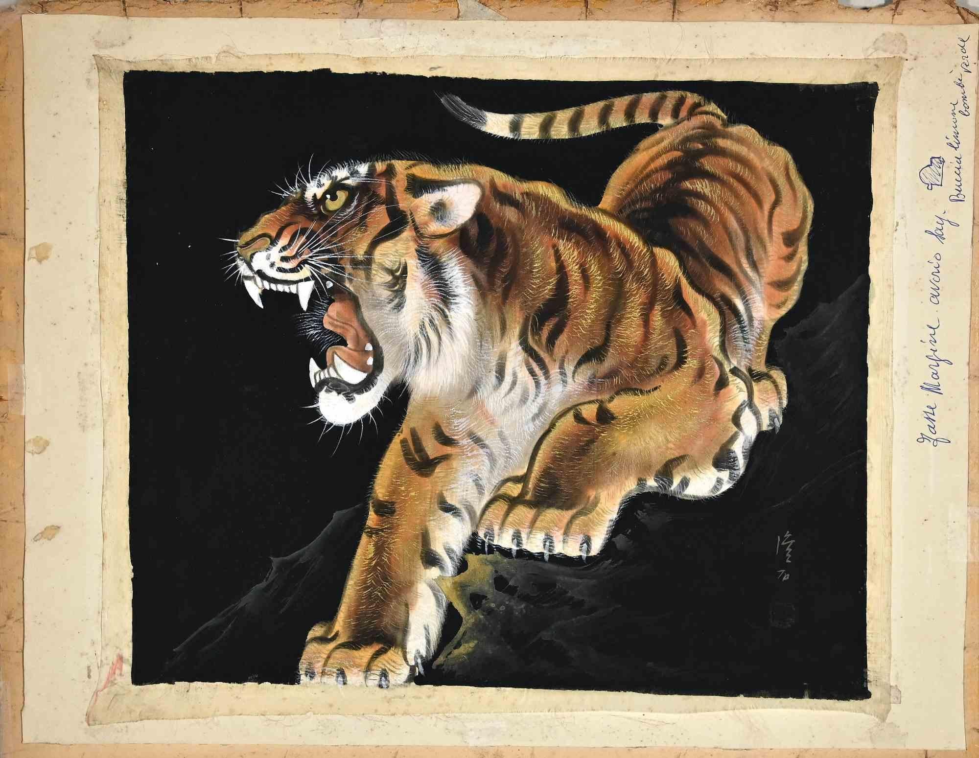 Unknown Figurative Art - Tiger -  Original Drawing - Mid-20th Century