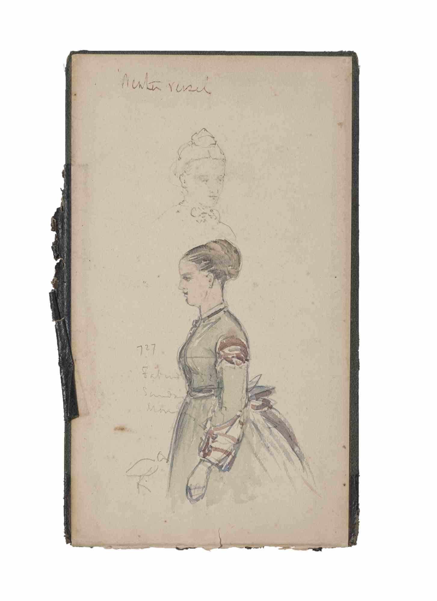 Portrait d'une femme - dessin original - fin du 19ème siècle