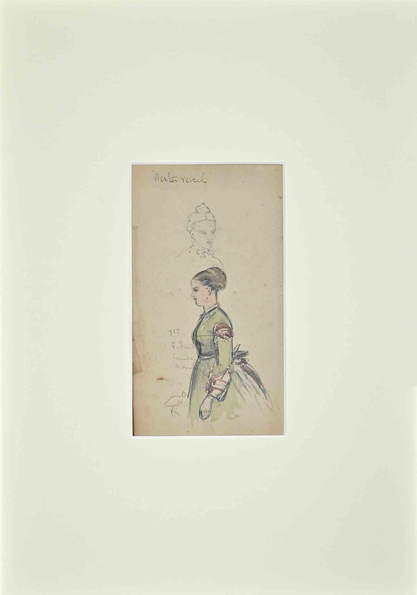 Portrait of a Woman - Original Drawing - Late 19th Century - Modern Art by Unknown