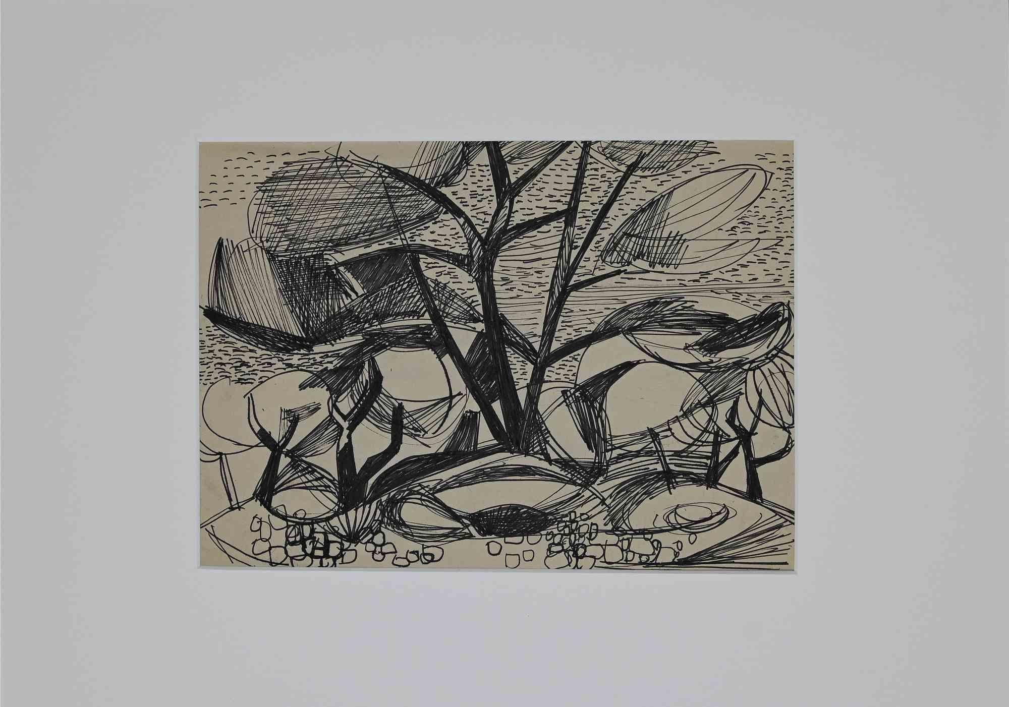 Unknown Figurative Art - Plants by the Sea - Original Drawing - 1950s