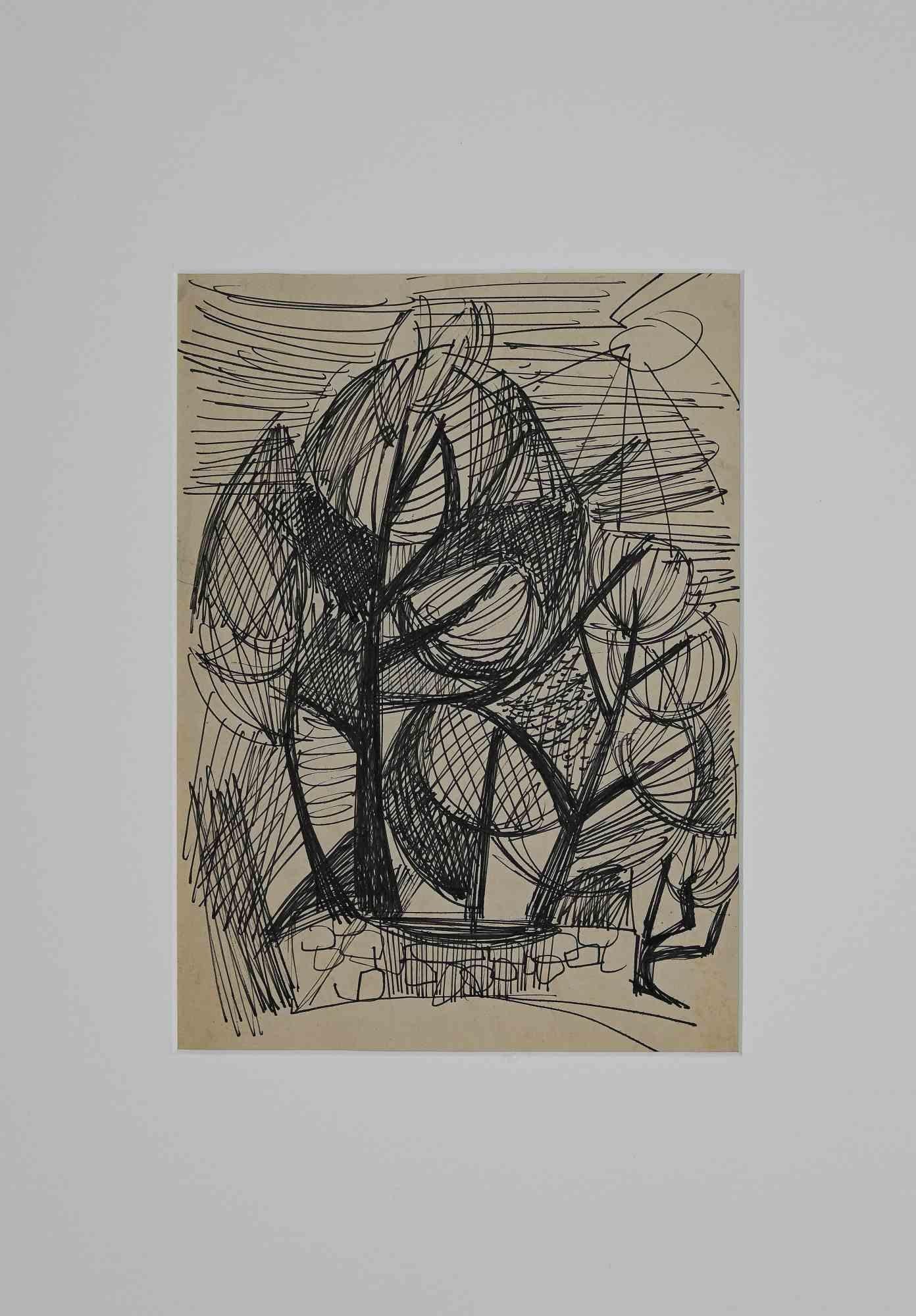 Unknown Figurative Art - Landscape with Trees - Original Drawing - 1950s