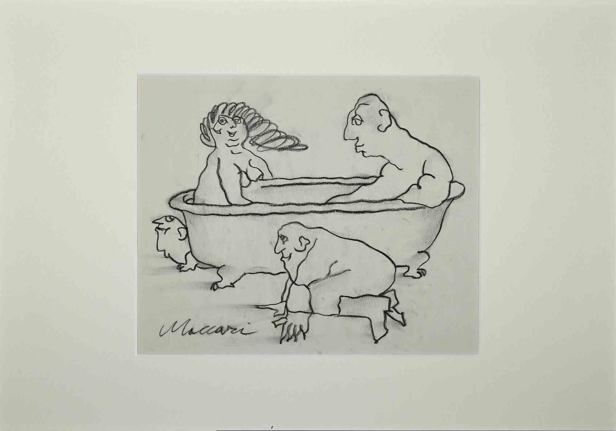 The Bath is an original drawing realized by Mino Maccari in Mid-20th Century.

Beautiful black and while charcoal drawing on ivory-colored paper. 

Good condition on a yellowed paper.

Hand-signed by the artist.     

Mino Maccari (1898-1989) was an