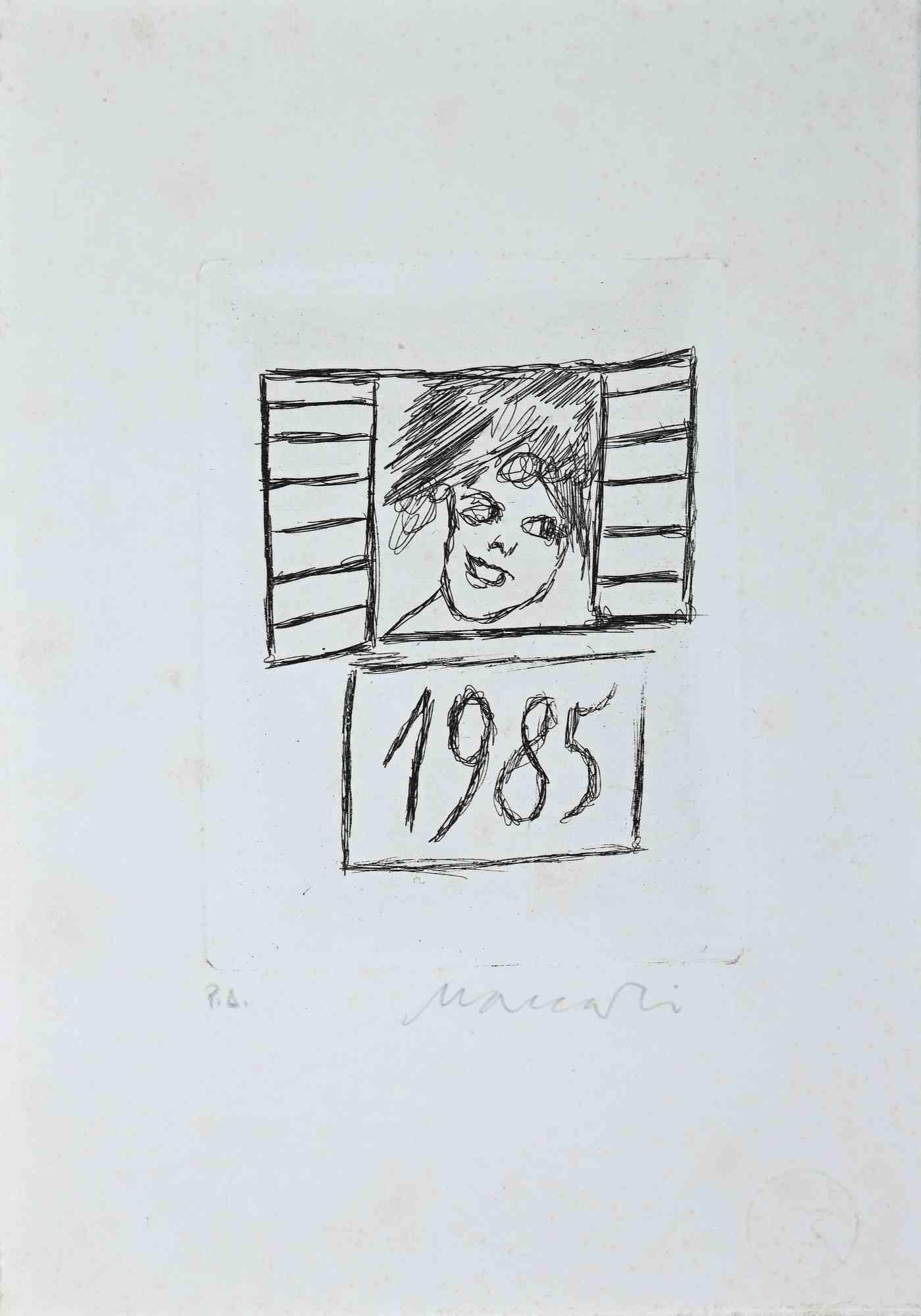 Happy 1985 is an original print realized by Mino Maccari in 1985.

Beautiful black and white etching on ivory-colored paper. 

Good condition on a yellowed paper.

Hand-signed by the artist with pencil.

Mino Maccari (1898-1989) was an Italian