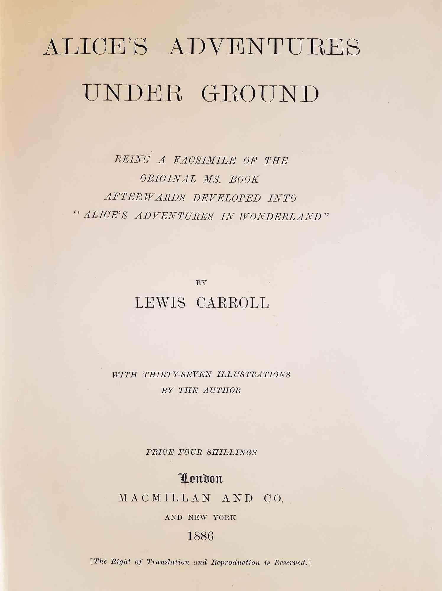 Alice’s Adventures Underground is an original modern rare book written by Lewis Carroll (Daresbury, 1832 - Guiford, 1898) in 1886.

Original First Edition. Original Cloth. Format: in 8°. Published by McMillan, London.

The book includes 97 pages