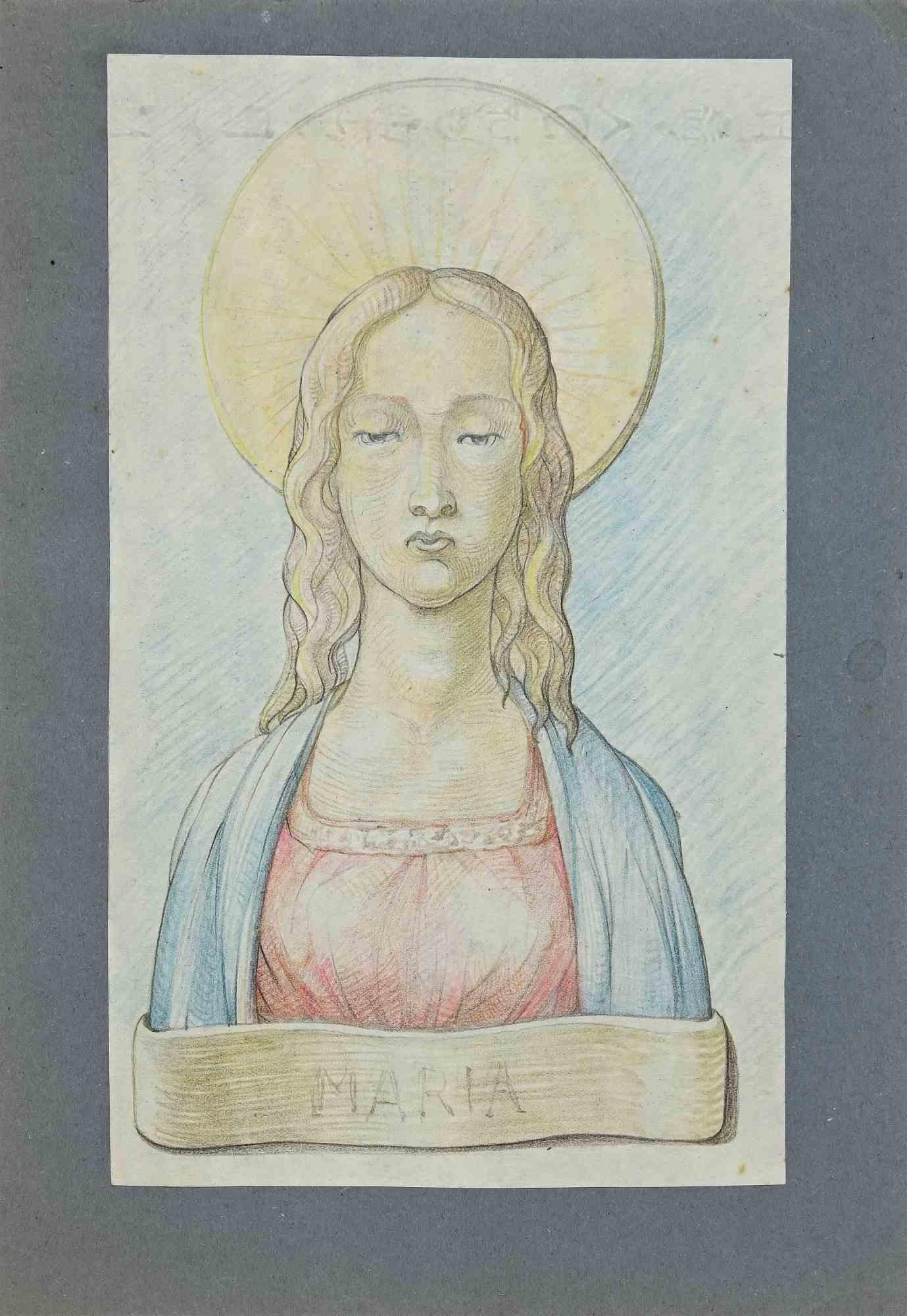 Unknown Figurative Art - Portrait of Virgin Mary - Original Drawing - Early 20th Century