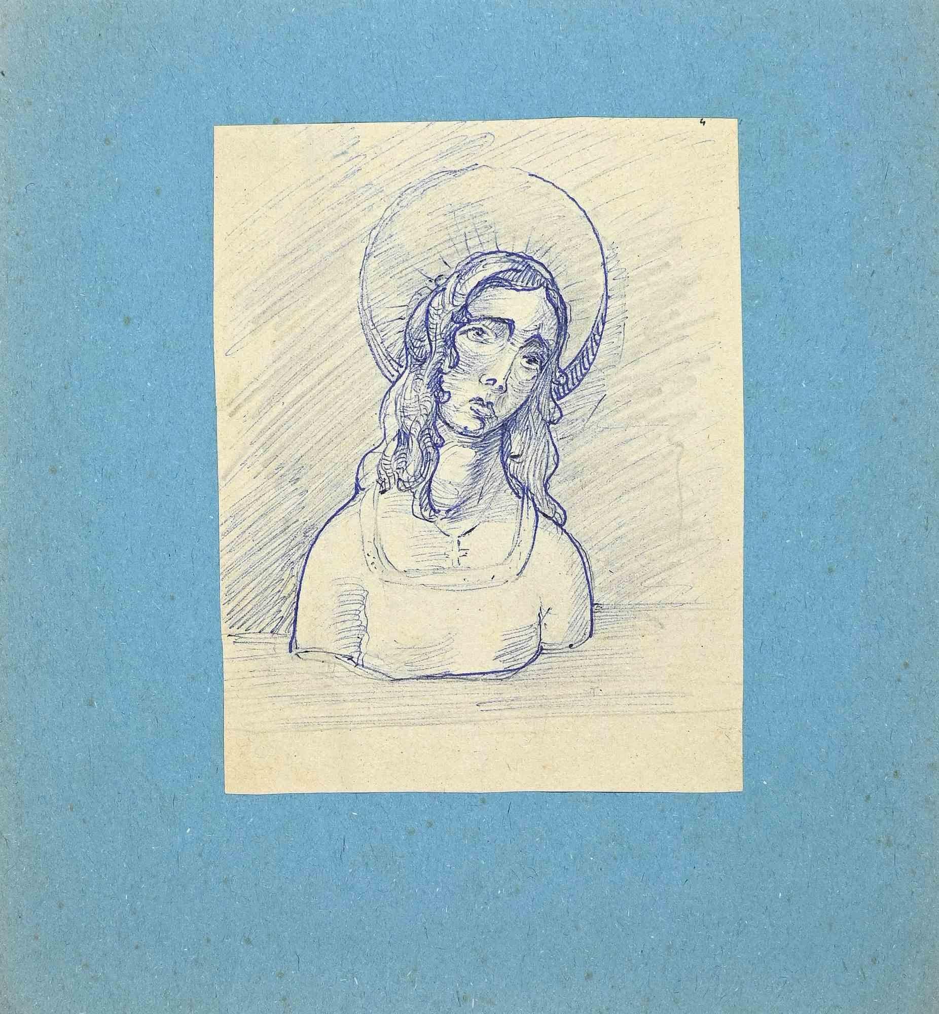 Unknown Figurative Art - Portrait of Mary Magdalene - Original Drawing - Early 20th Century