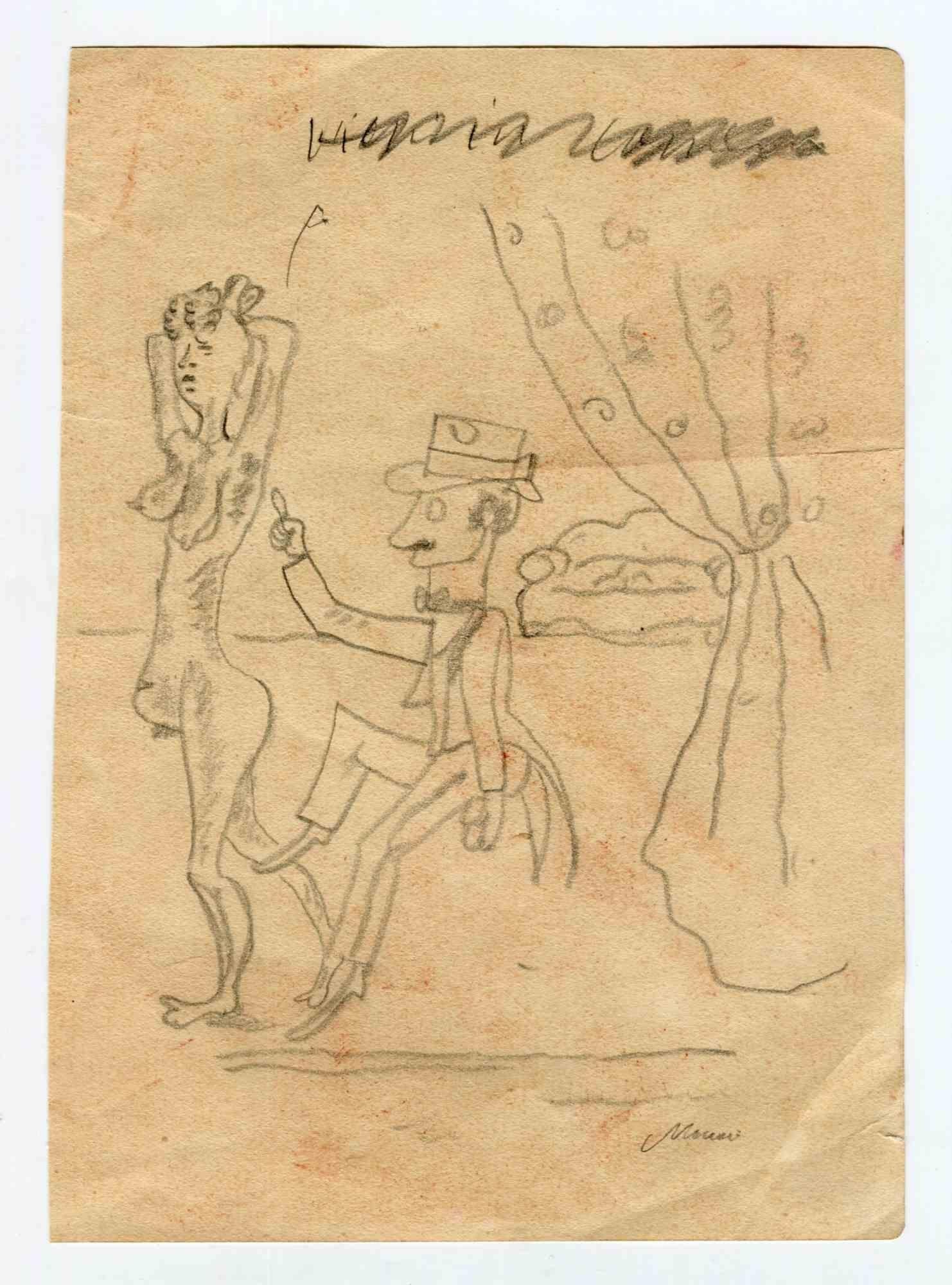 Figures is an original drawing in Pencil realized by Mino Maccari in the mid-20th Century.

Good condition.

The artwork is depicted through strong strokes in a well-balanced composition.