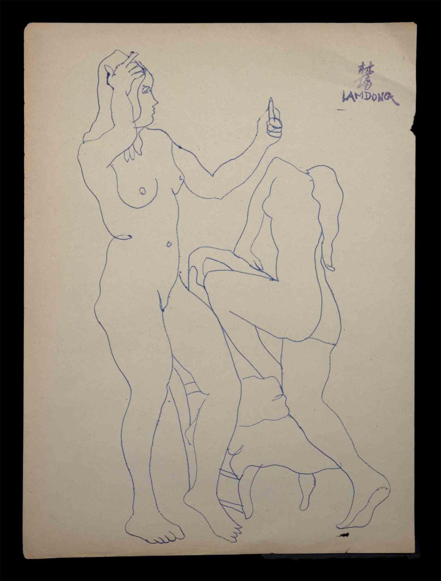 Nude is an original drawing in Pen realized by Lam Dong (1920-1987) in the mid-20th Century.

Good conditions. Stamp signature.

The artwork is depicted through strong strokes in a well-balanced composition.