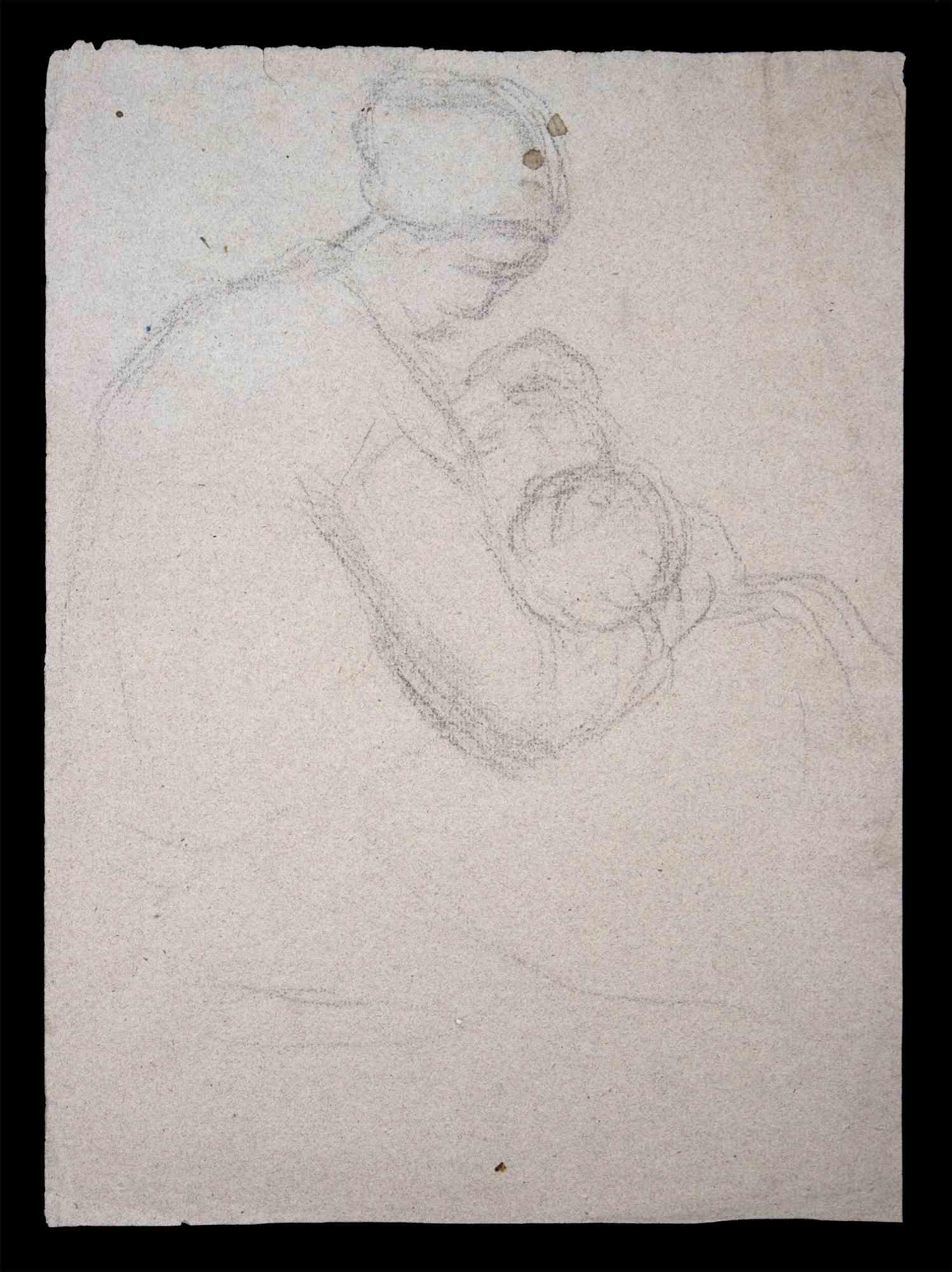 Unknown Nude - Mother and child - Original Drawing - Late 19th Century