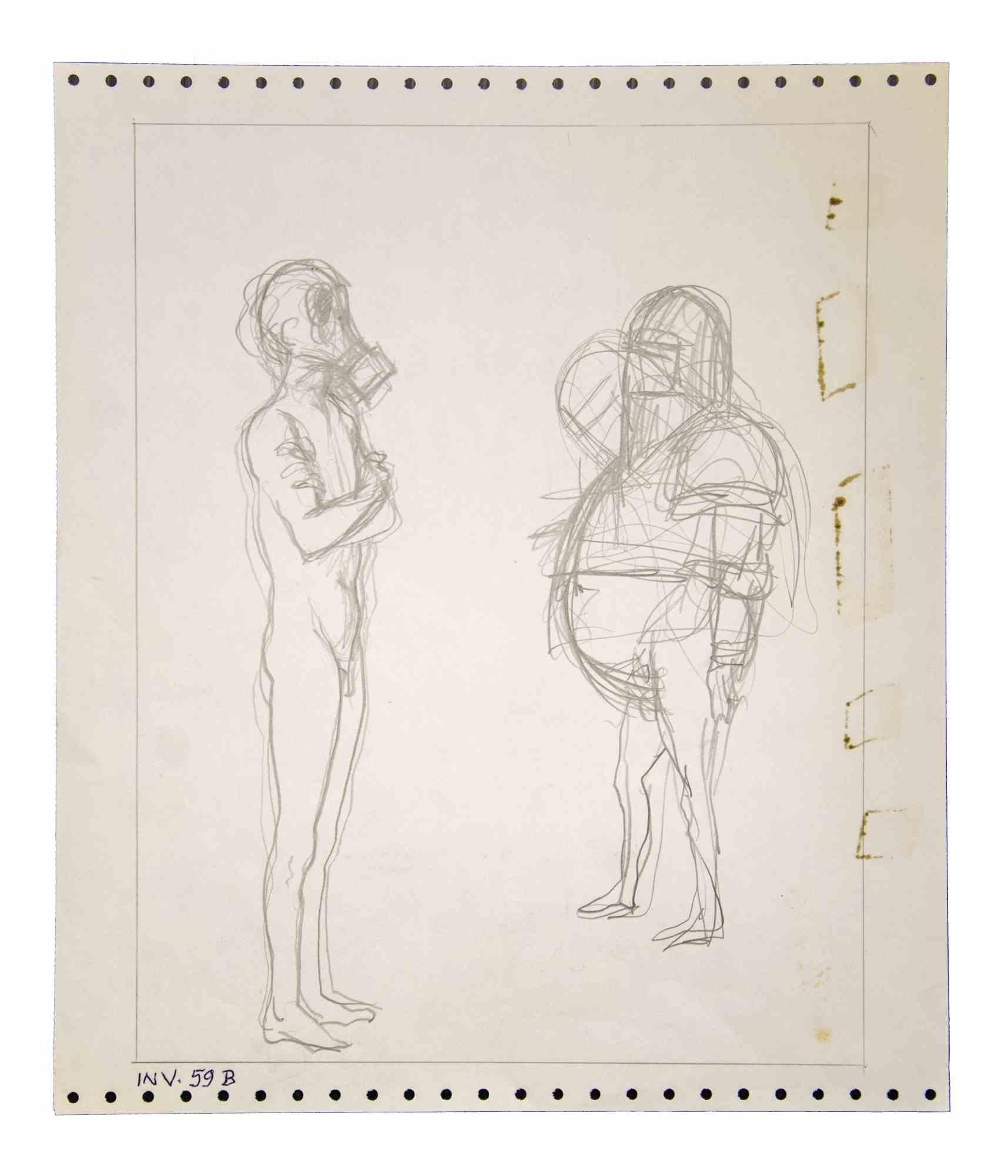 Figuren mit Masken ist ein originales zeitgenössisches Kunstwerk, das in den 70er Jahren von dem italienischen zeitgenössischen Künstler  Leo Guida  (1992 - 2017).

Originalzeichnung in Bleistift auf elfenbeinfarbenem Papier.

Gute Bedingungen.

