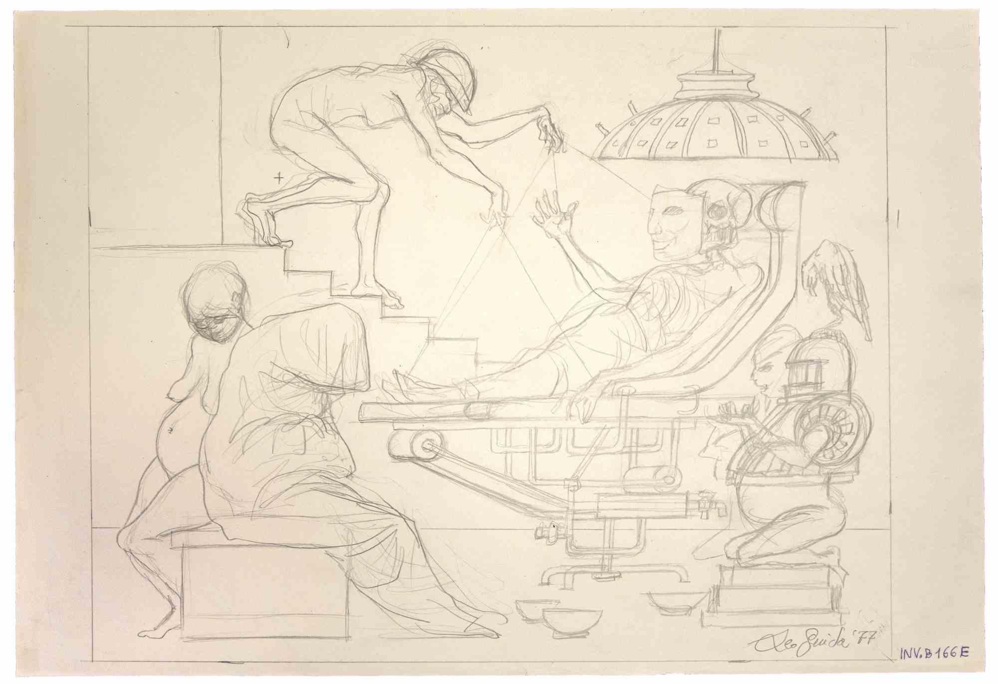 Agonie  ist ein originales zeitgenössisches Kunstwerk, das  im Jahr 1977  des italienischen zeitgenössischen Künstlers  Leo Guida  (1992 - 2017).

Originalzeichnung mit Bleistift auf elfenbeinfarbenem Papier.
 
Am unteren Rand handsigniert und