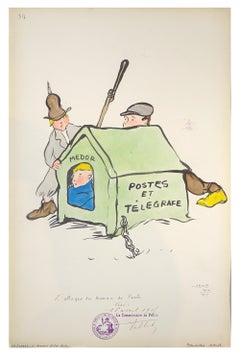 Antique L'Attaque du Bureau  - Original Drawing by Leka - 1910s