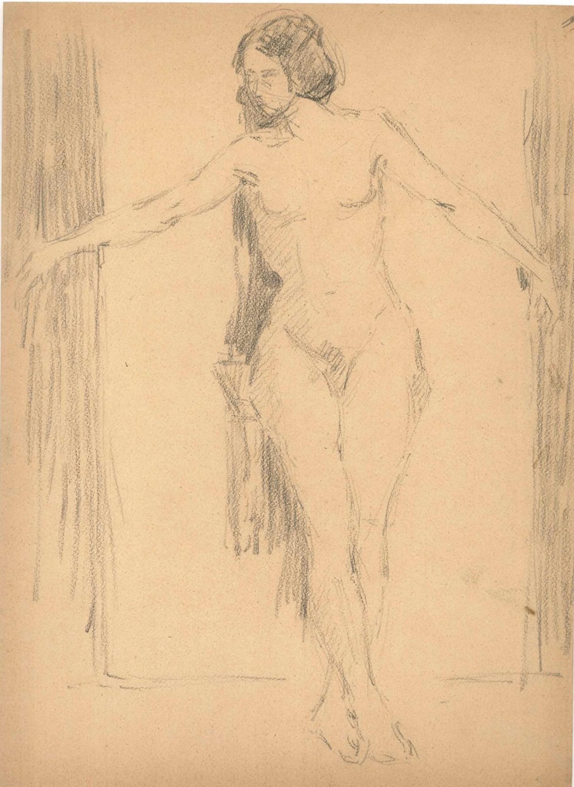 Unknown Figurative Art - Big Standing Nude -  Drawing - Early 20th Century
