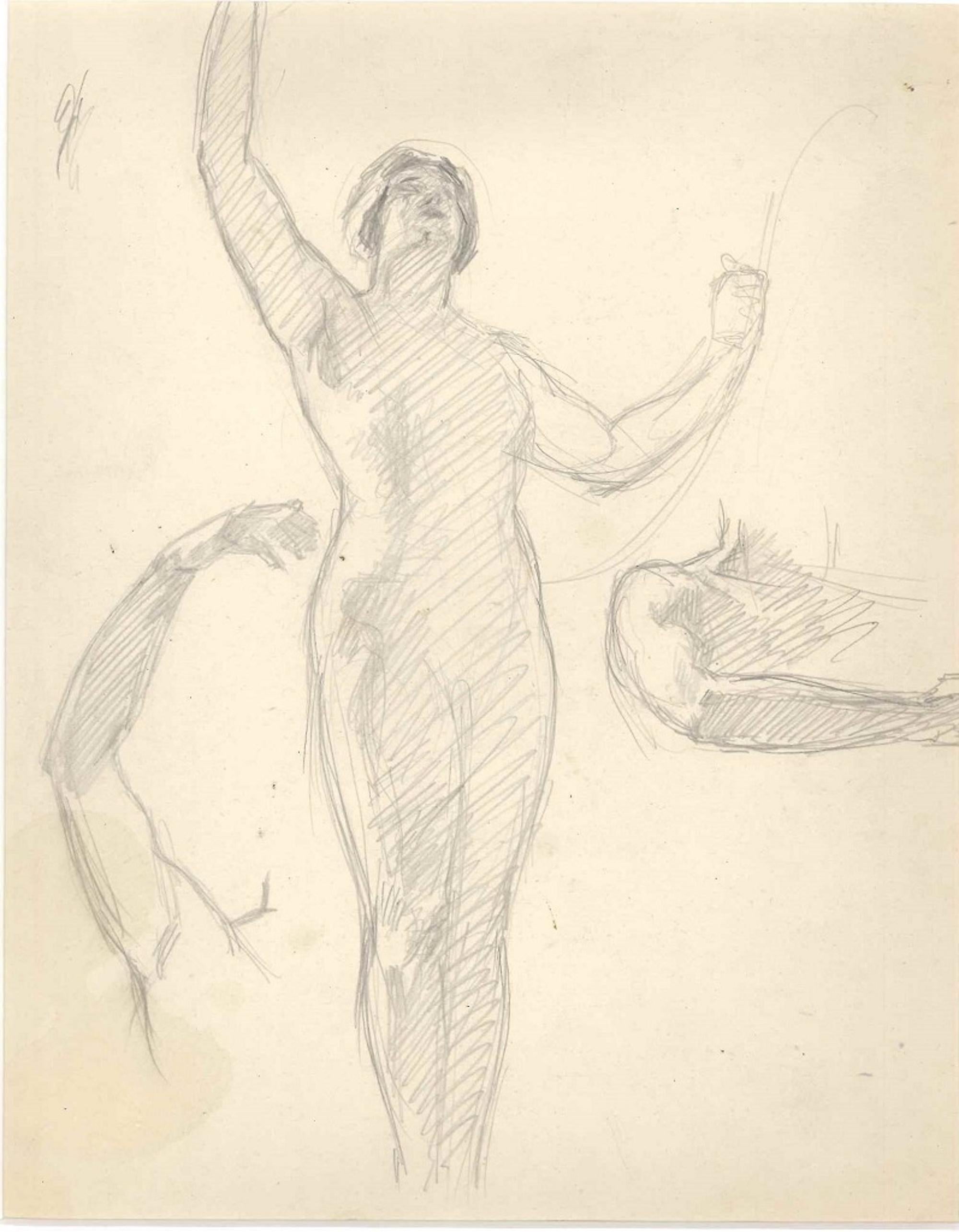 Standing Nude with Arm Studies  - Drawing - Early 20th Century - Art by Unknown