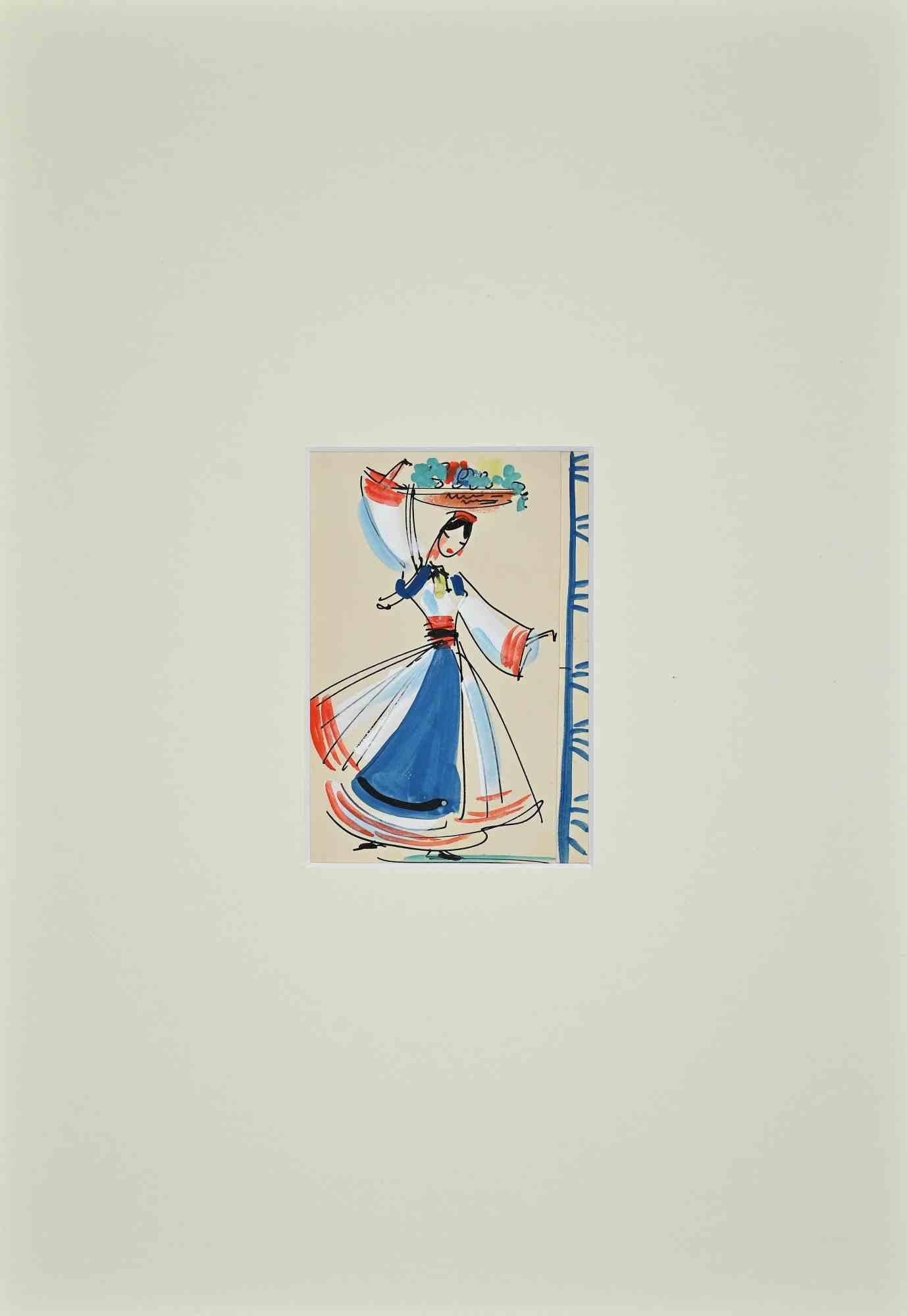 Woman Dancing - Original Drawing by Andrea Preger - 19th Century