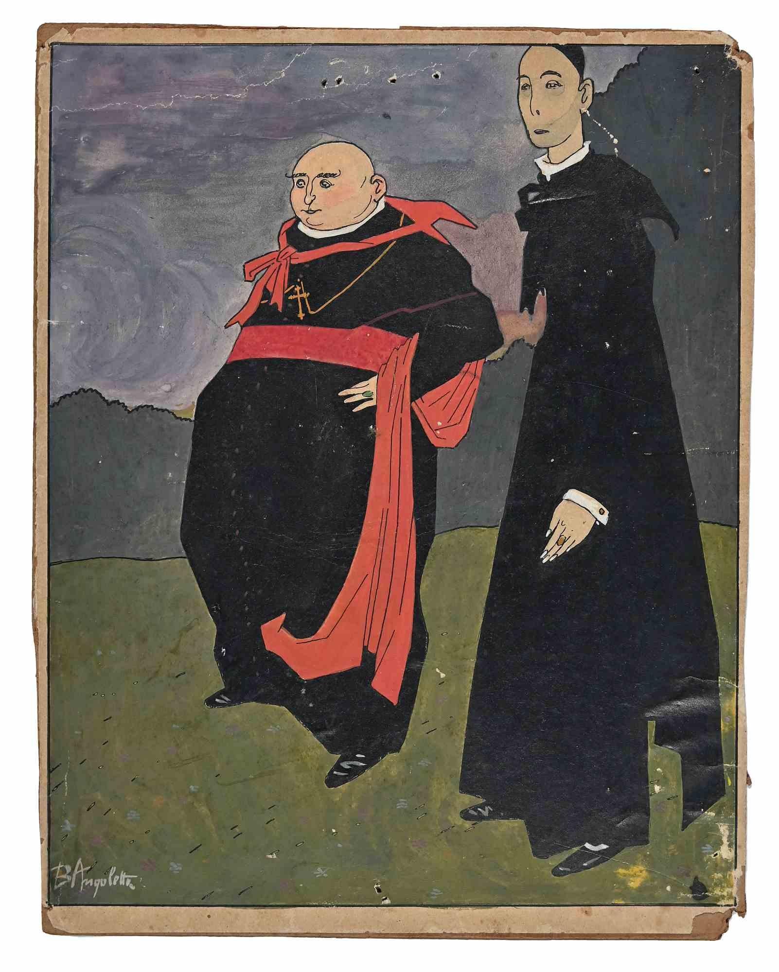 Priests - Original China Ink and Tempera by Bruno Angoletta - Early 20th Century