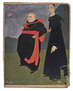 Priests - Original China Ink and Tempera by Bruno Angoletta - Early 20th Century