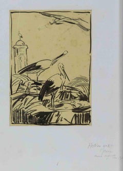 Vintage Birds in Morocco - Original Drawing by Helen Vogt - Mid-20th Century