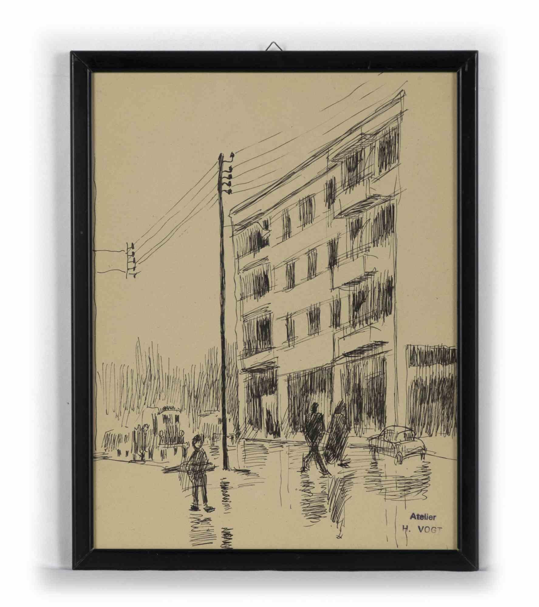 Stadtansicht – Originalzeichnung von Helen Vogt – Mitte des 20. Jahrhunderts