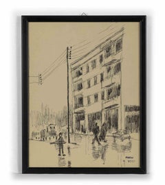 Vintage City View - Original Drawing by Helen Vogt - Mid-20th Century