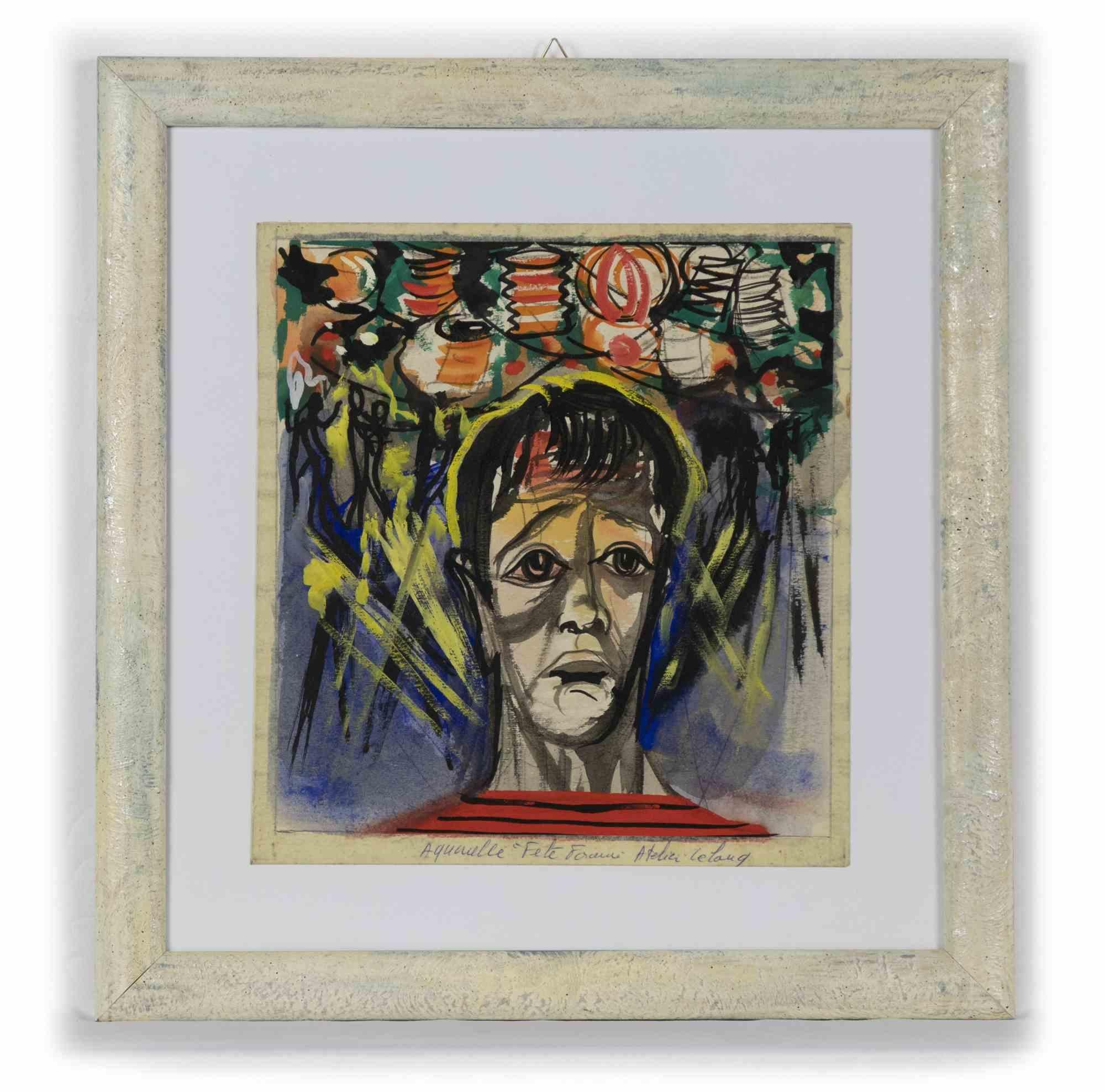 Portrait of man is an original modern artwork realized in the half of 20th century by Pierre Emile Lelong.

Mixed colored watercolor, ink and tempera.

Title and signature by "Atelier Lelong" on the lower center.

Includes frame: 43.5 x 2 x 41.5