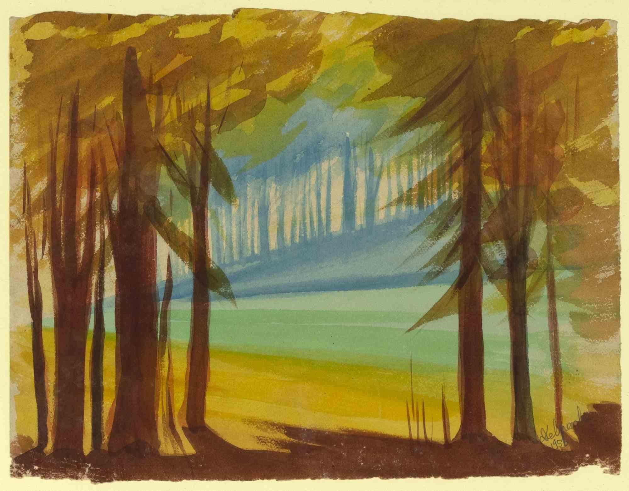 Autumn is an original is an original drawing in watercolor on cardboard realized by Jean-Raymond Delpech (1916-1988) in 1958. 

Hand-signed and dated on the lower right. The state of preservation of the artwork is good.

Jean-Raymond Delpech