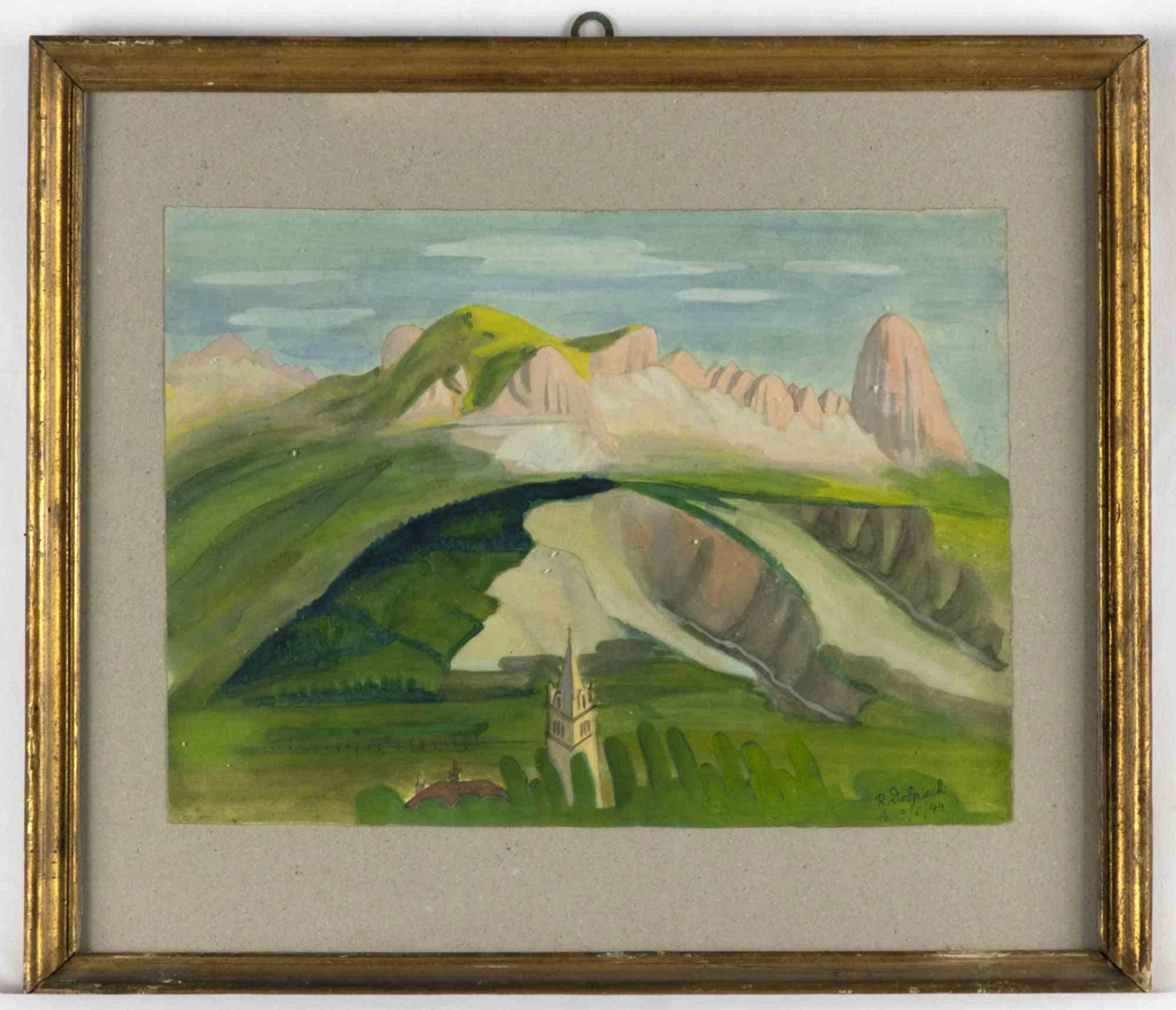 Mountains is an original drawing in watercolor on cardboard realized by Jean-Raymond Delpech (1916-1988) in 1944. 

Hand-signed and dated on the lower right. The state of preservation of the artwork is good.

Includes frame: 40.5 x 2.5 x 46.5 