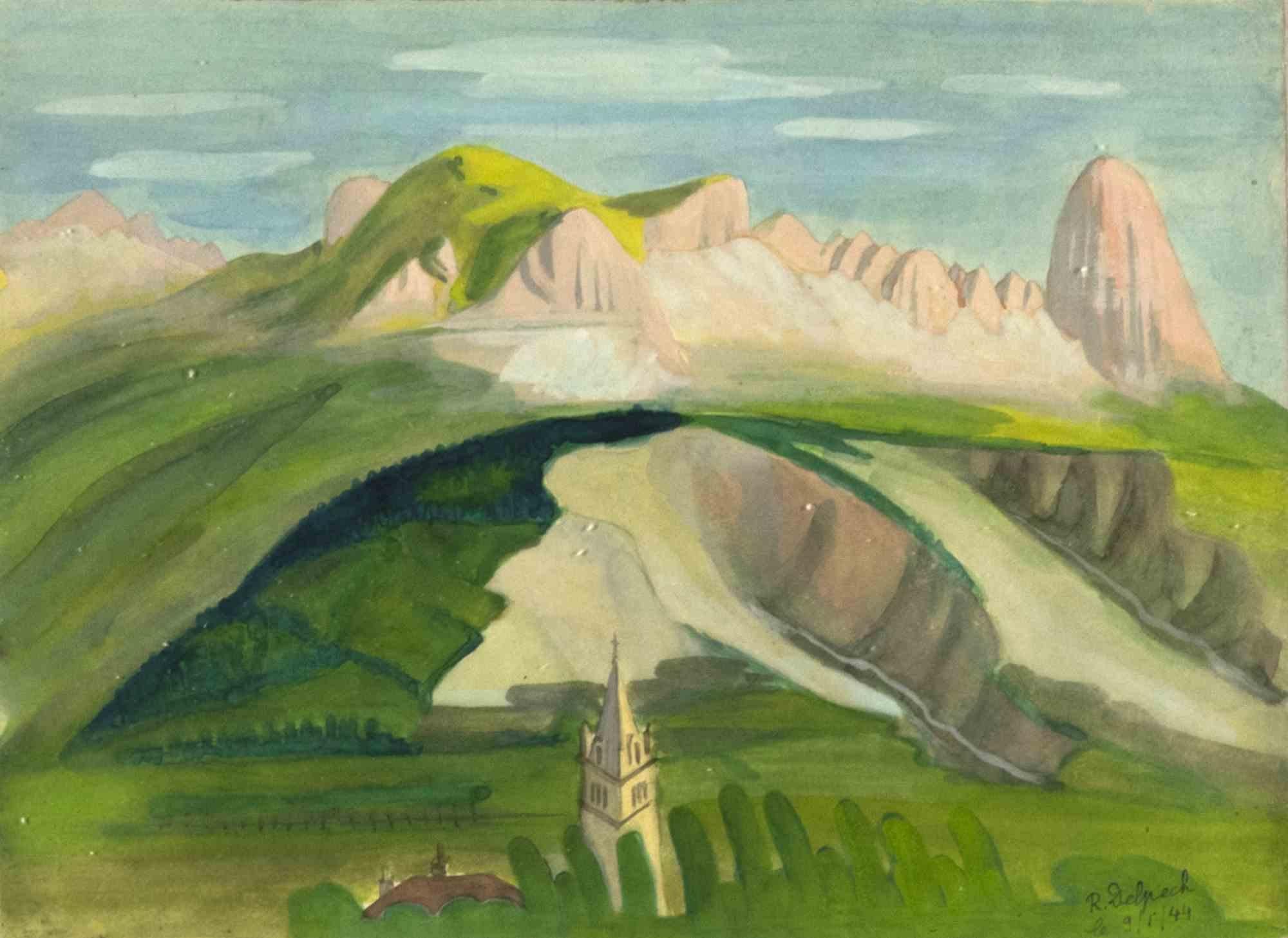 Mountains - Original Drawing by Jean-Raymond Delpech - 1944