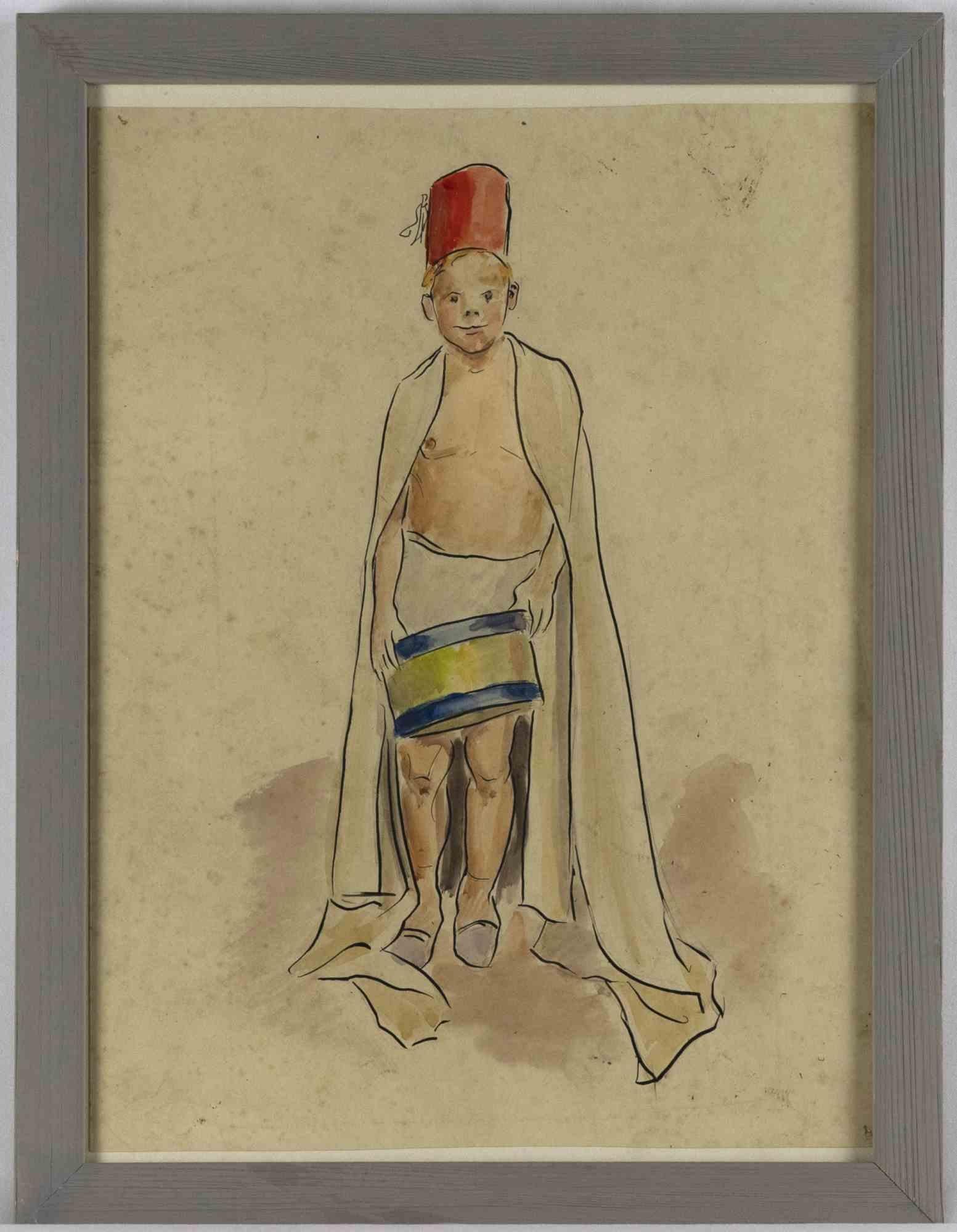 Arab Child-  Drawing - Mid 20th century - Art by Unknown
