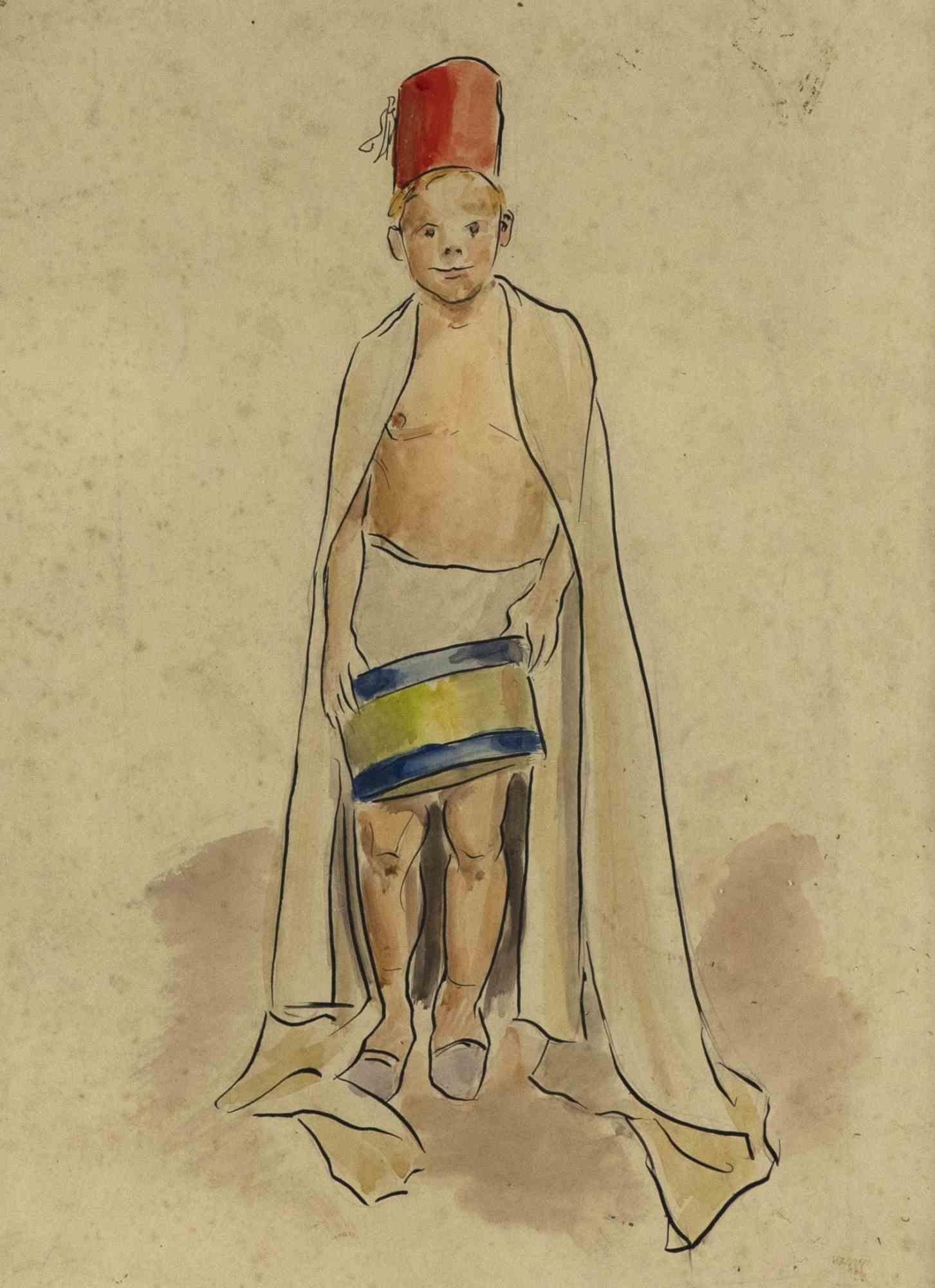 Unknown Figurative Art - Arab Child-  Drawing - Mid 20th century