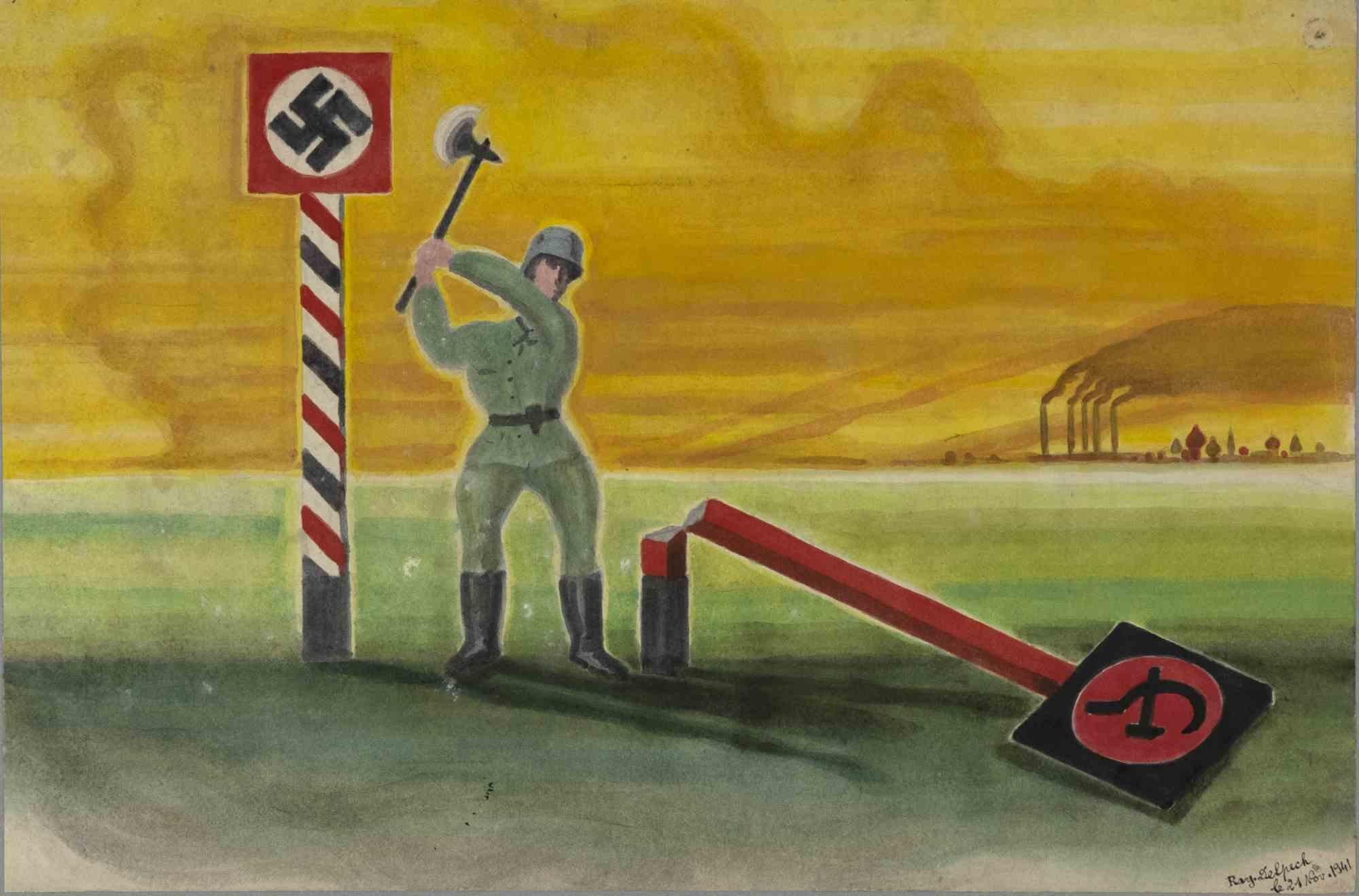 Pendant la guerre est un dessin original à l'aquarelle réalisé en 1941 par Jean-Raymond Delpech (1916-1988). 

Signé à la main et daté en bas à droite. L'état de conservation des œuvres d'art est bon.

Cadre inclus : 50 x 3,5 x 60 cm

Jean-Raymond