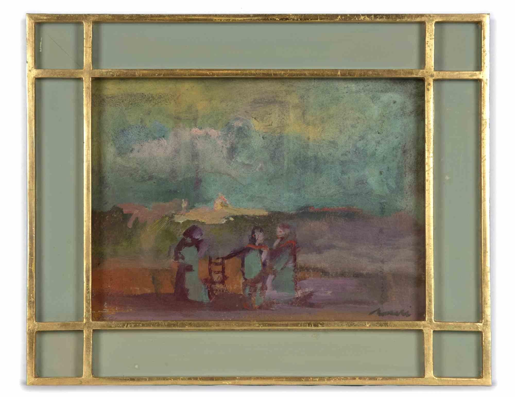 Figures is a beautiful modern artwork realized by Mino Maccari in the half of 20th century.

Mixed colored oil painting.

The artwork is hand-signed by the artist on the lower right corner. 


On the back an artist's sketch.Includes frame 34.5 x 4 x